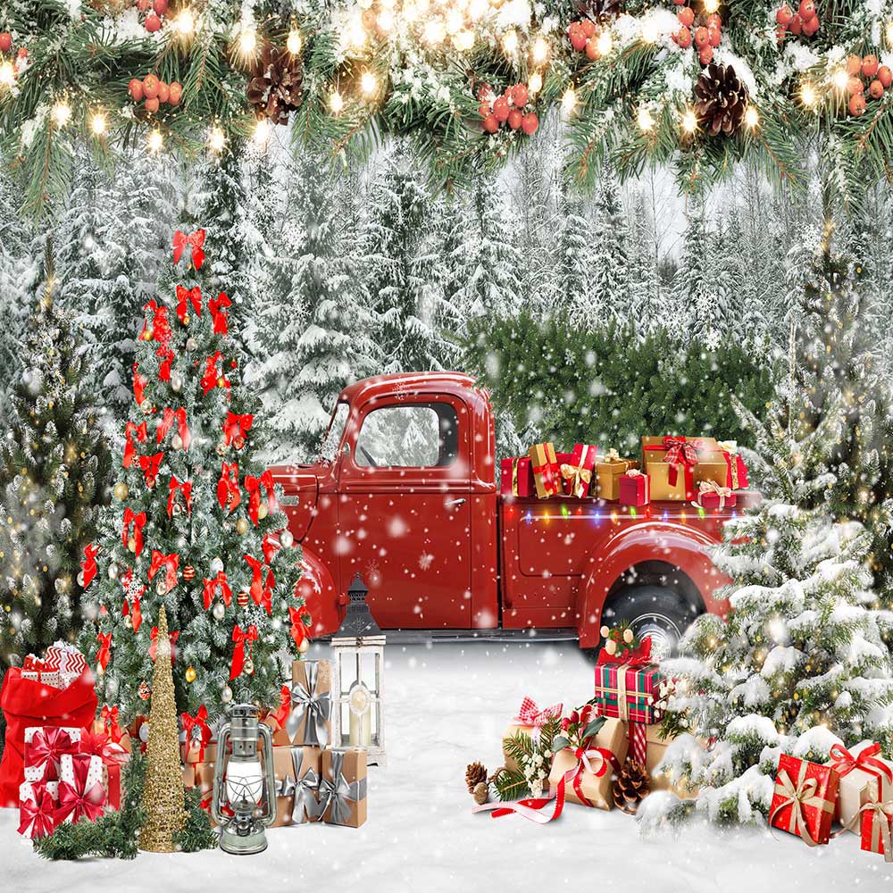 1000x1000 Avezano Christmas Snowy Red Pickup Truck Backdrop For Photography