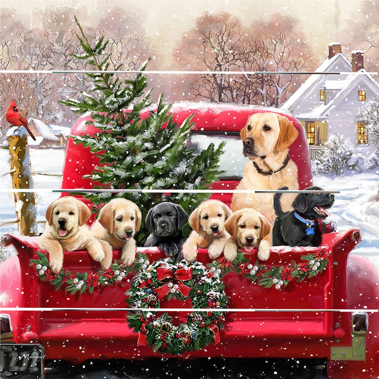 1280x1280 Adorable Puppies In The Back Of Red Pickup Truck At Christmas Time Wooden Pallet Sign 10x10
