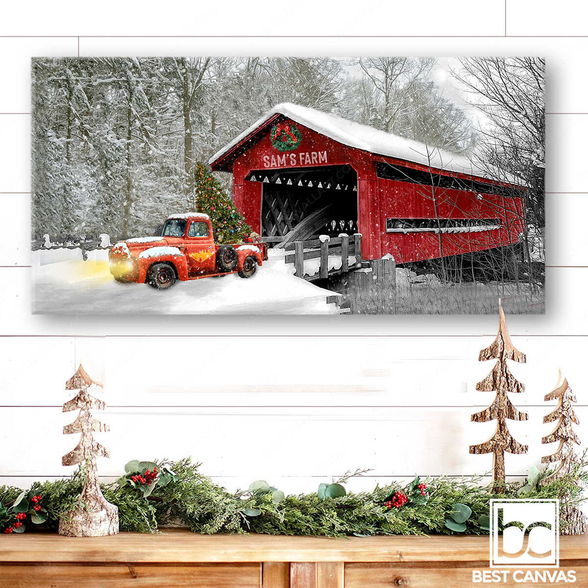 1200x1200 Lighted Red Truck Canvas Wall Art Red Covered Bridge And Red Truck Christmas Picture Custom Canvas Wrapped Or Framed Best Canvas Wall Art Canvas Wall Art