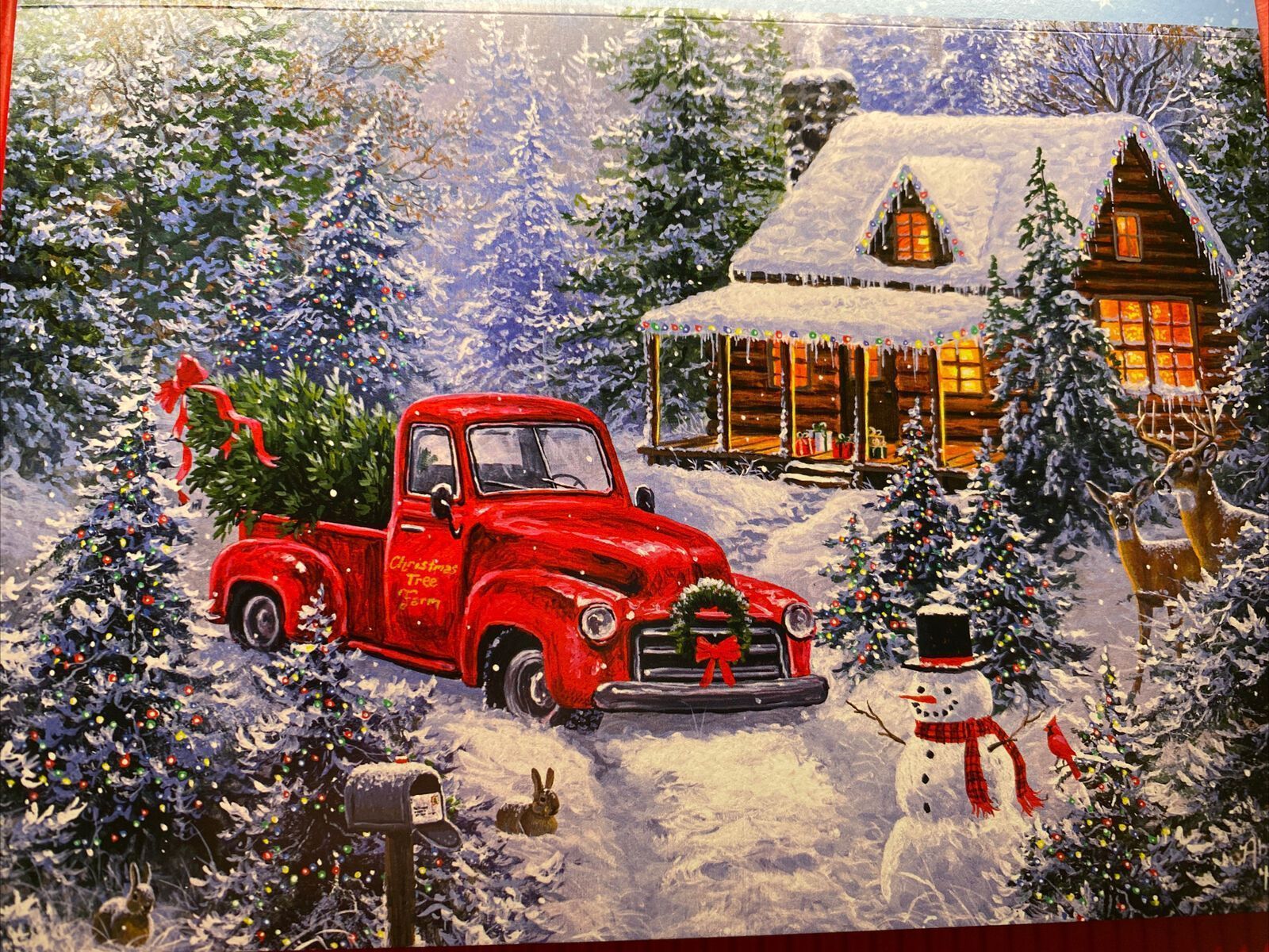 1600x1200 Leanin Tree Christmas card Vintage red truck log cabin snowman trees snowman