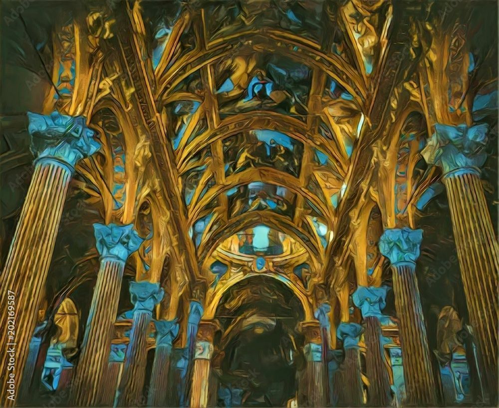 1000x818 Painted ceiling in cathedral. Church interior. Oil painting pictorial art. Modern impressionism drawing artwork. Creative artistic print for canvas or textile. Wallpaper, poster or postcard design. Stock Illustration