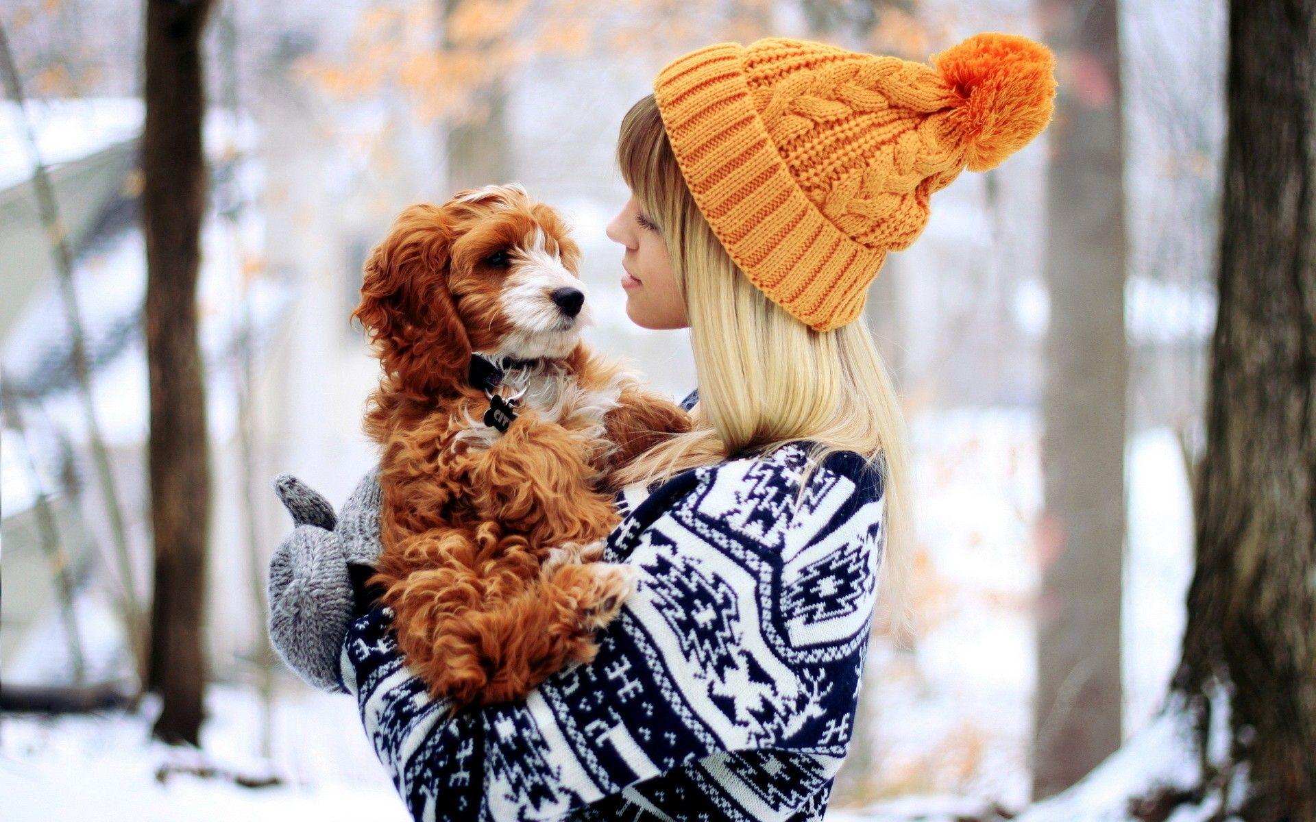 1920x1200 women, winter, snow, forest, dogs, human, friendship, 2