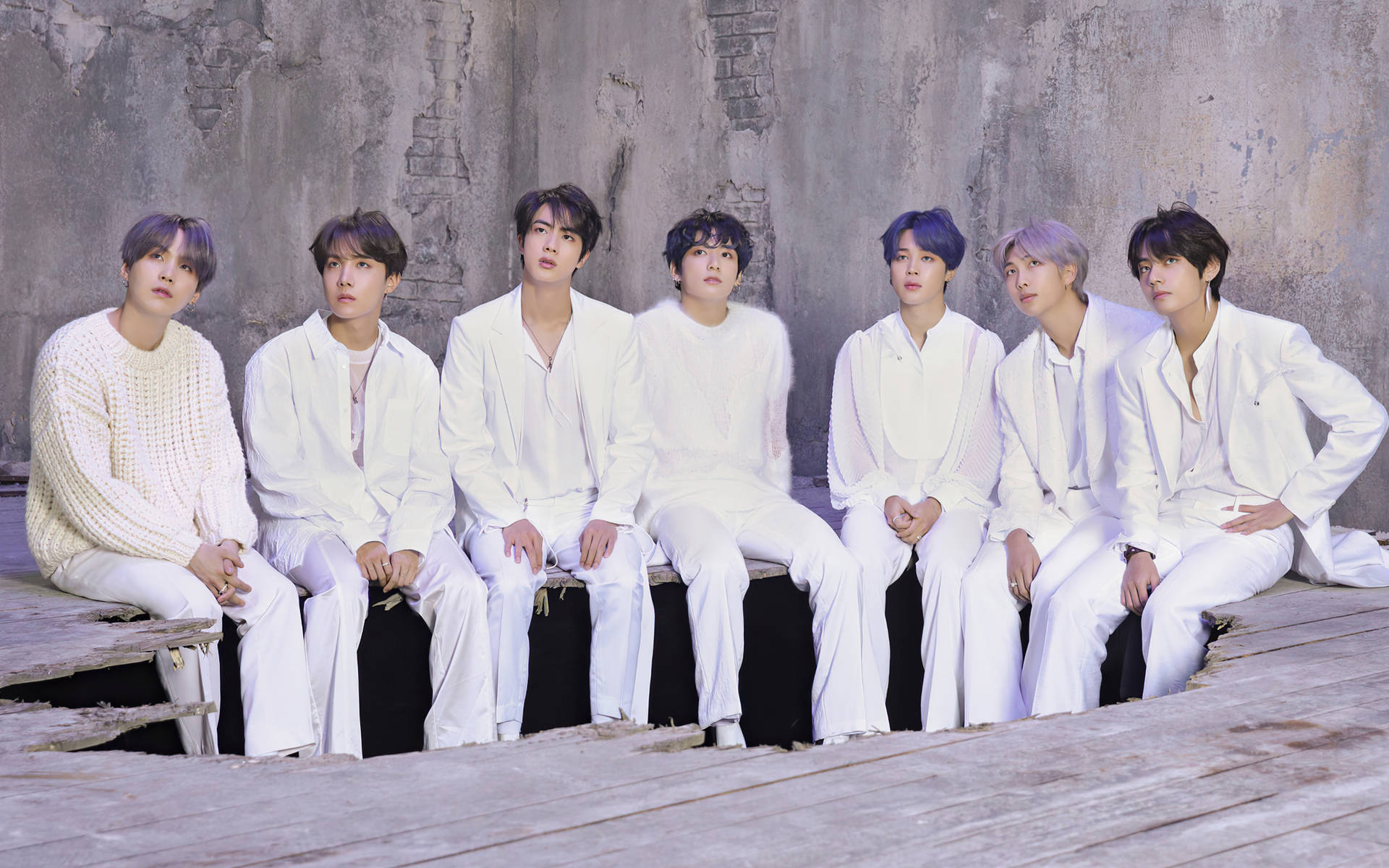 1920x1200 Download BTS Group Photo In Damaged Floor Wallpaper