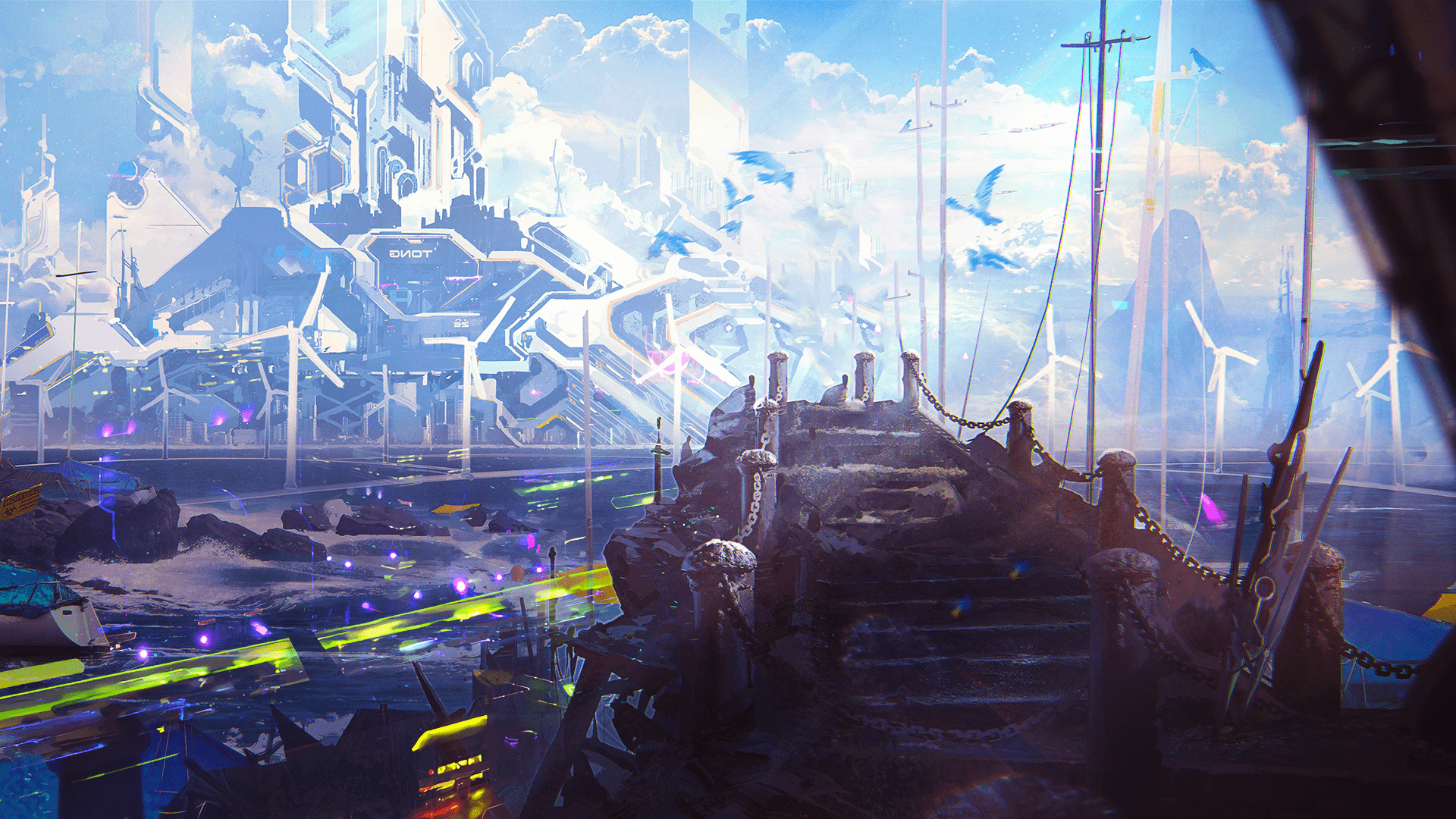 1920x1080 digital art, fantasy architecture, Futurism, futuristic city, landscape, anime, city, mirror, 3D fractal, cyberx1080 Wallpaper