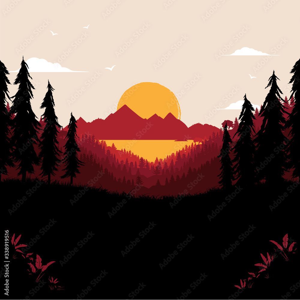 1000x1000 Rectangular landscape vector illustration. View from forest to ocean, mountains and sunset. Calm, relaxing, beautiful background, backdrop or wallpaper. Stock Vector