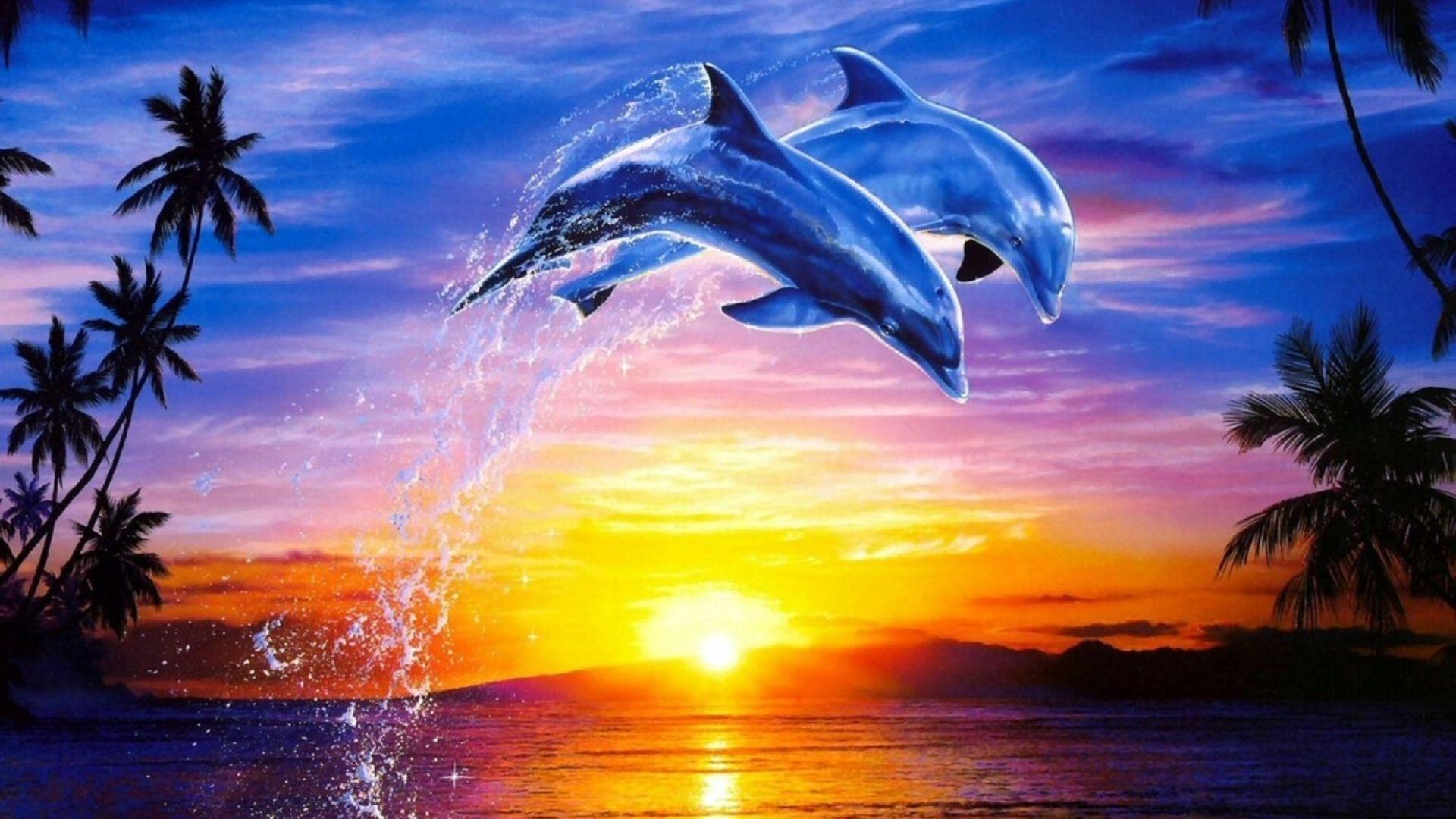 1920x1080 Dolphins Jumping Sunset Hình nền HD