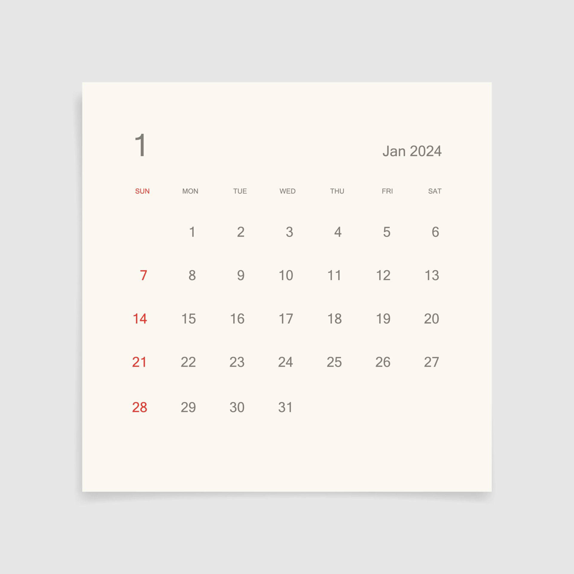 1920x1920 January 2024 calendar page on white background. Calendar background for reminder, business planning, appointment meeting and event. Week starts from Sunday. Vector