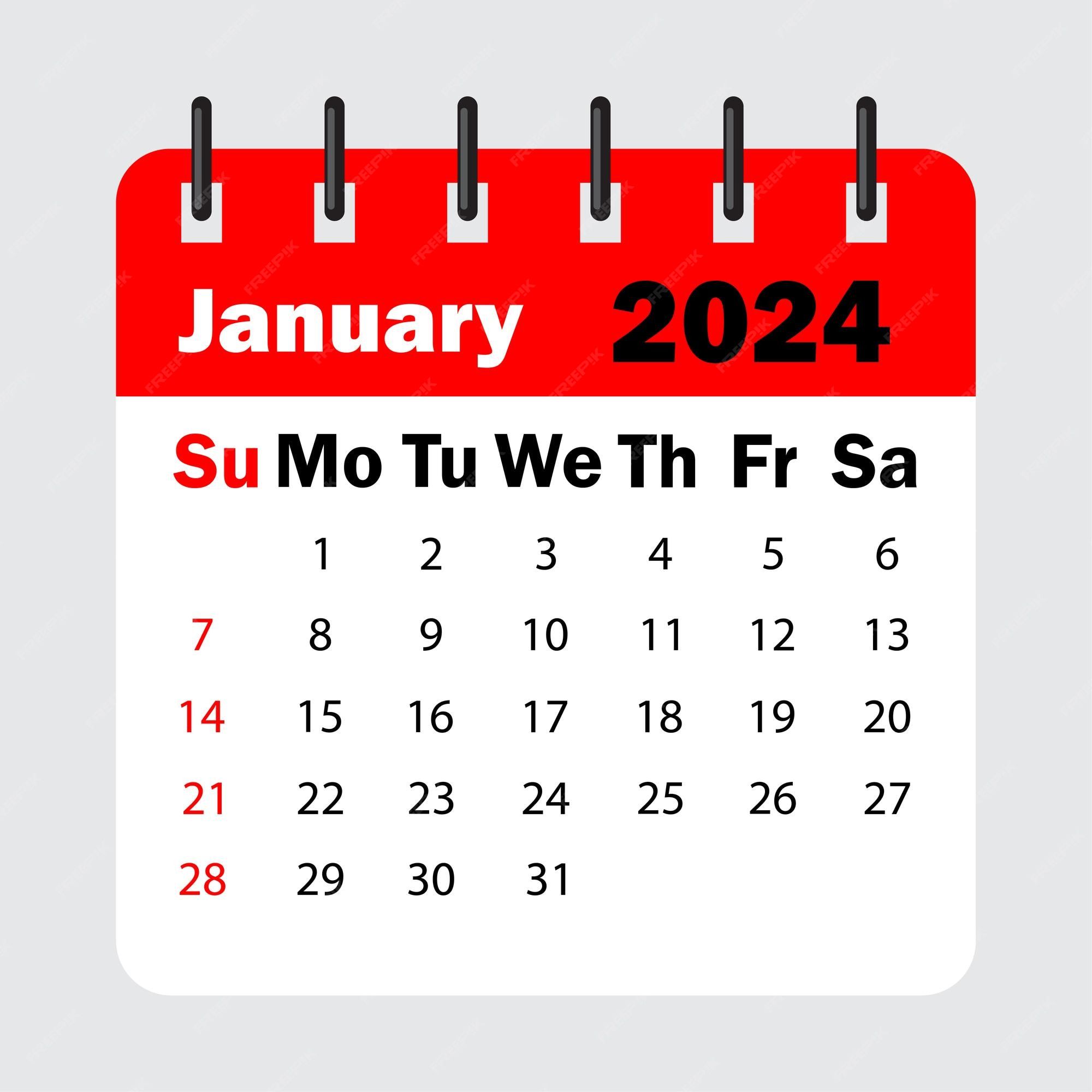 2000x2000 Premium Vector. Red calendar leaf spring. january 2024 calendar. calendar sheet with days of the week