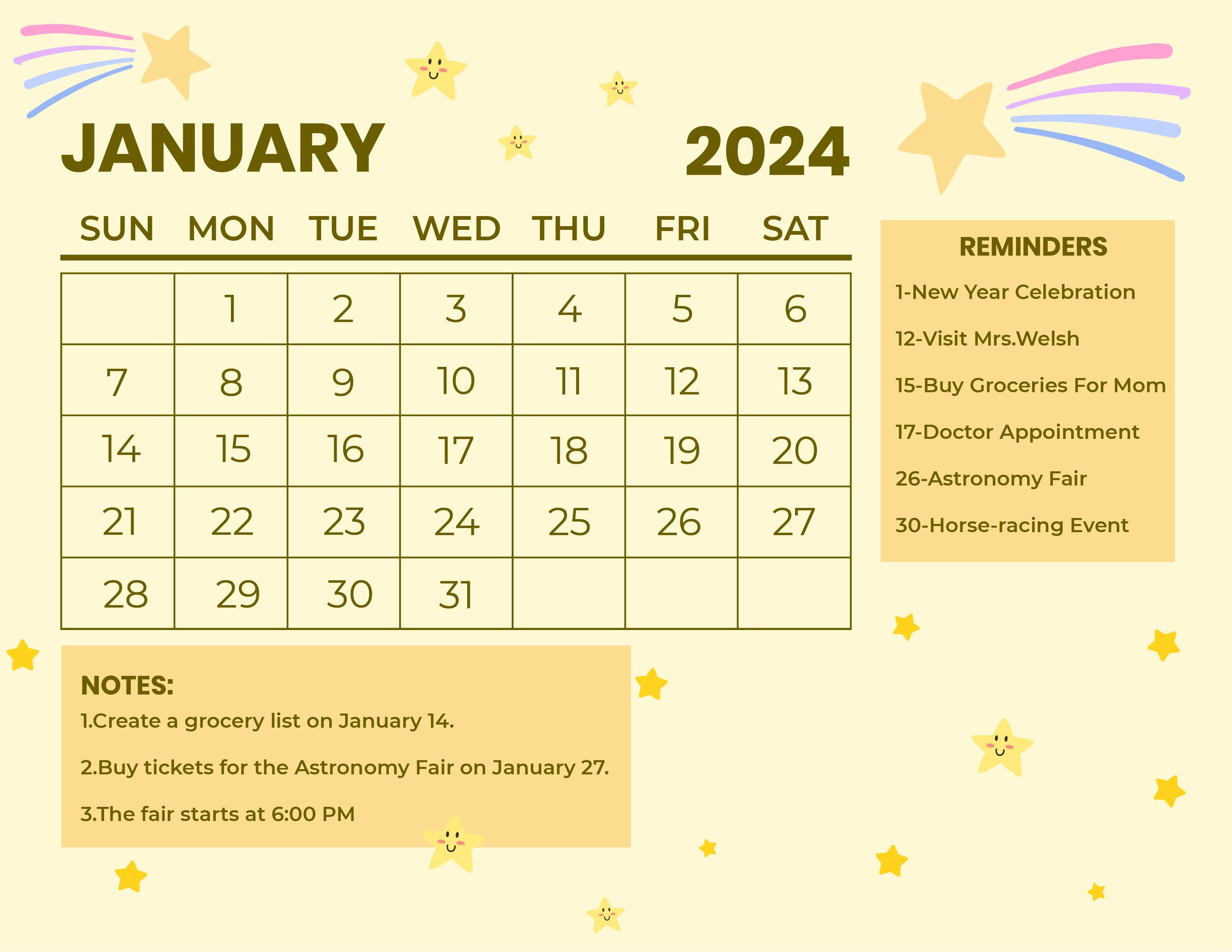 3301x2551 FREE January 2024 Calendar Template in Word, Google Docs, Excel, PDF, Google Sheets, Illustrator, Photohop, Apple Pages, EPS, SVG, JPG