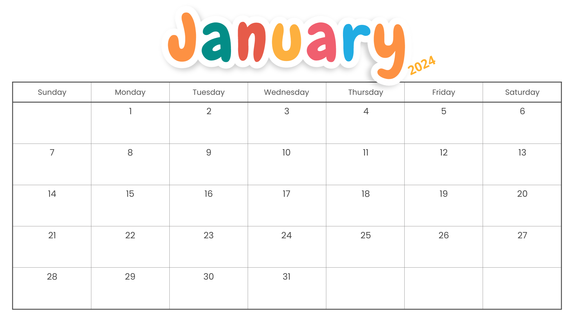 1920x1080 Free Printable January 2024 Calendar Templates