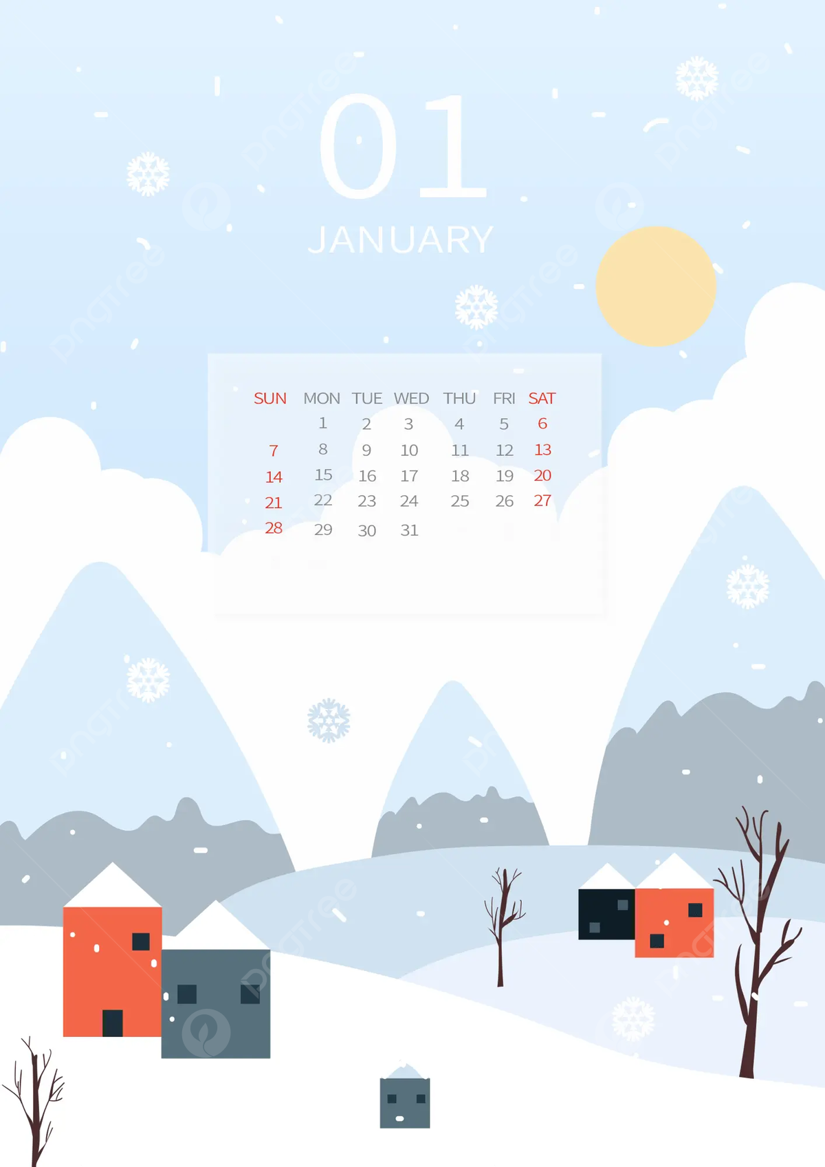 1200x1697 January 2024 Calendar White Snow Landscape Cartoon Style Template Download on Pngtree