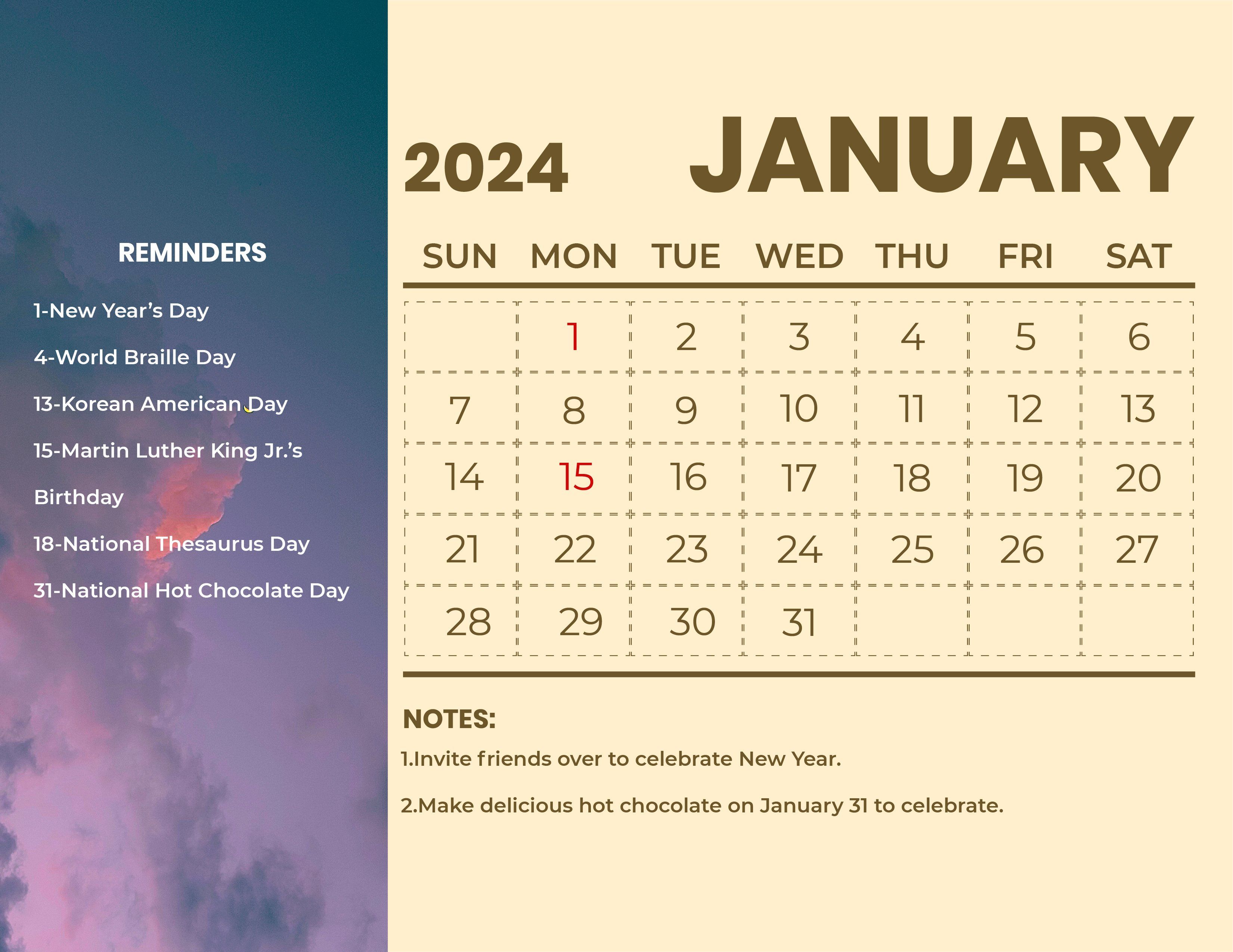 3301x2551 January 2024 Calendar With Holidays in Word, Illustrator, EPS, SVG, JPG