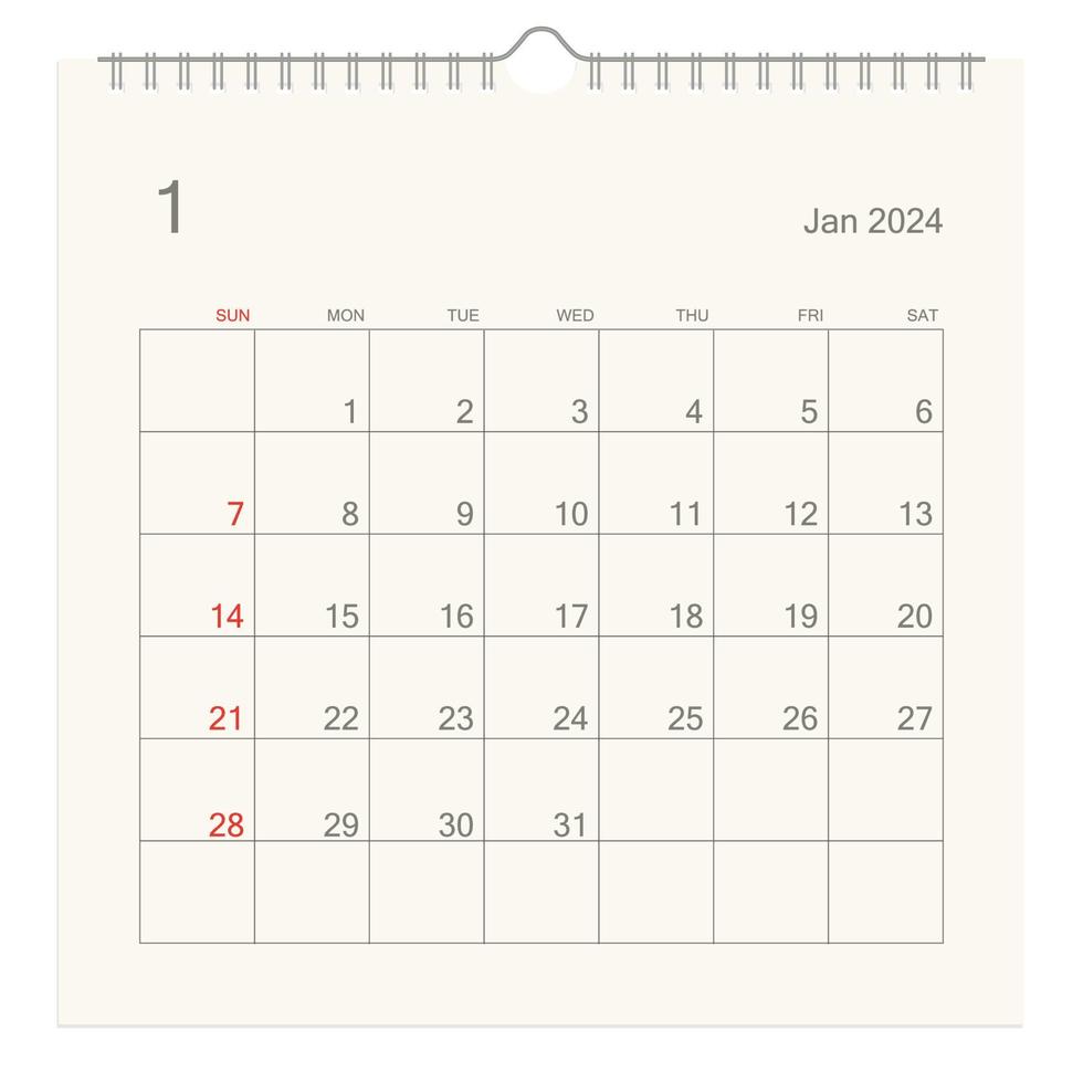 980x980 January 2024 calendar page on white background. Calendar background for reminder, business planning, appointment meeting and event. Week starts from Sunday. Vector