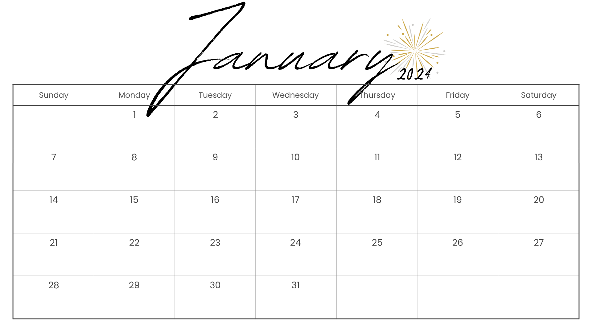 1920x1080 Free Printable January 2024 Calendar Templates