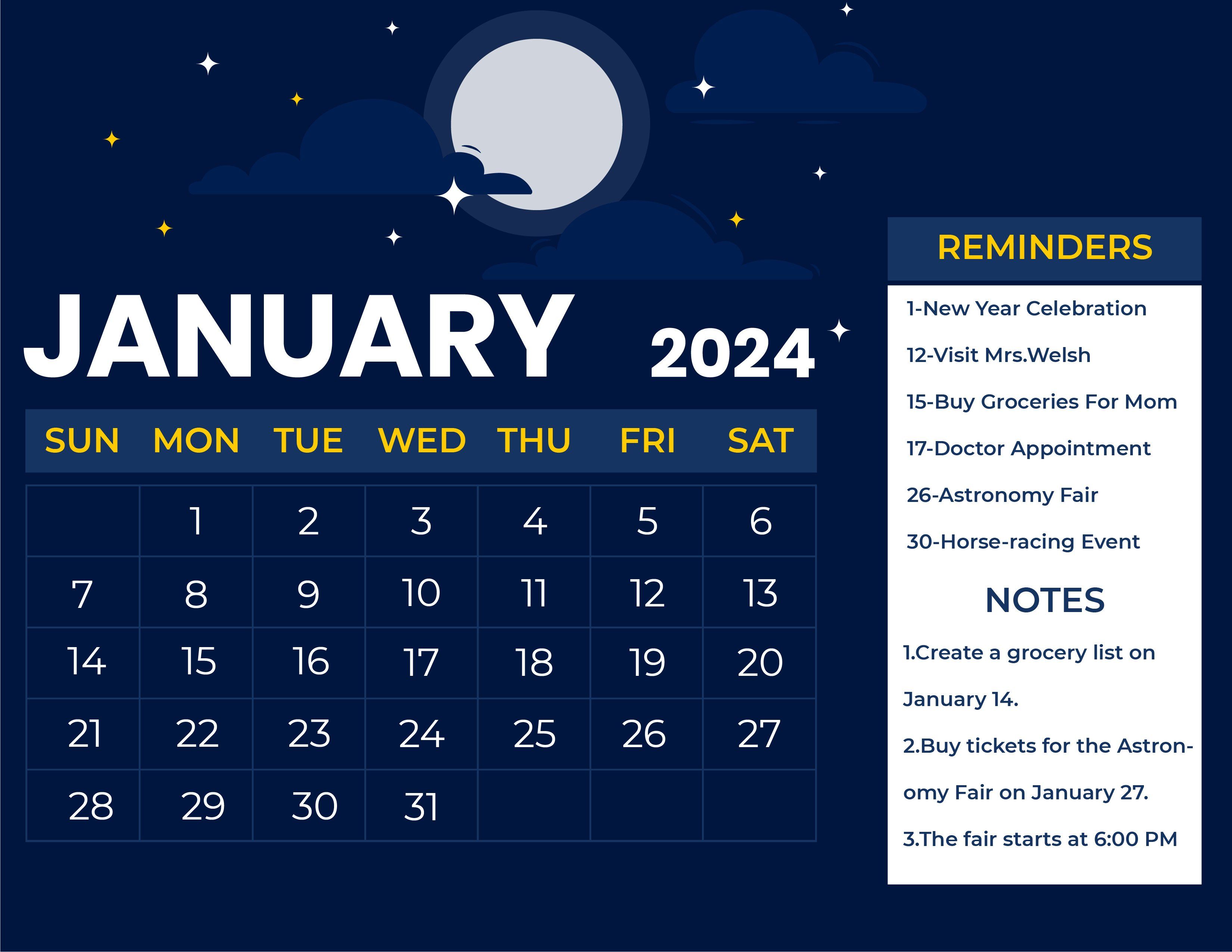 3301x2551 Cute January 2024 Calendar in Word, Illustrator, EPS, SVG, JPG