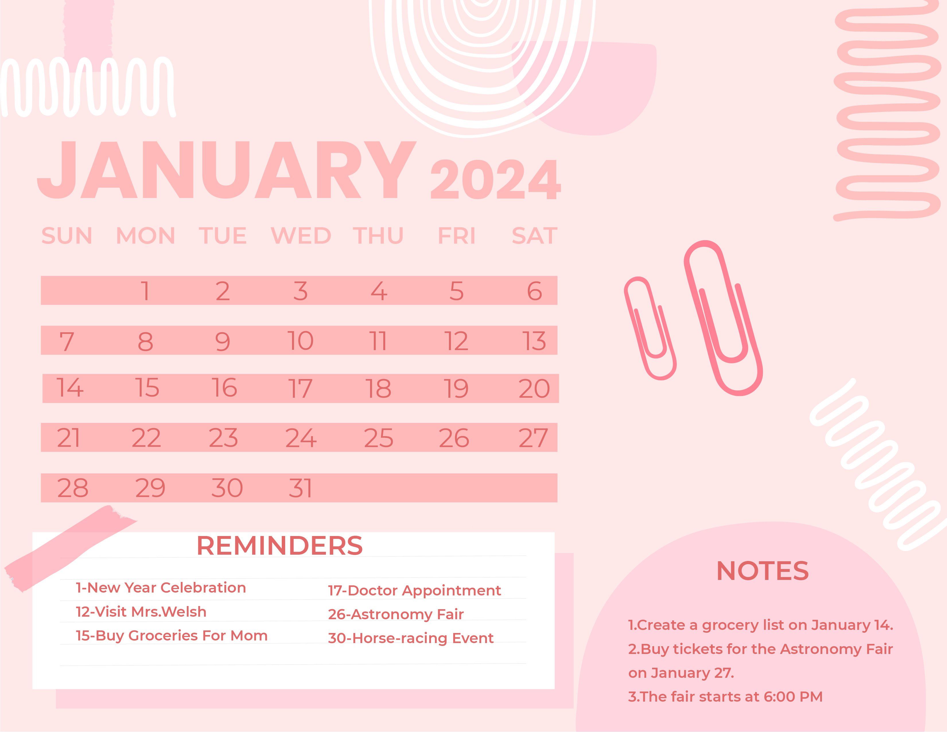 3301x2551 Pink January 2024 Calendar in Word, Illustrator, EPS, SVG, JPG