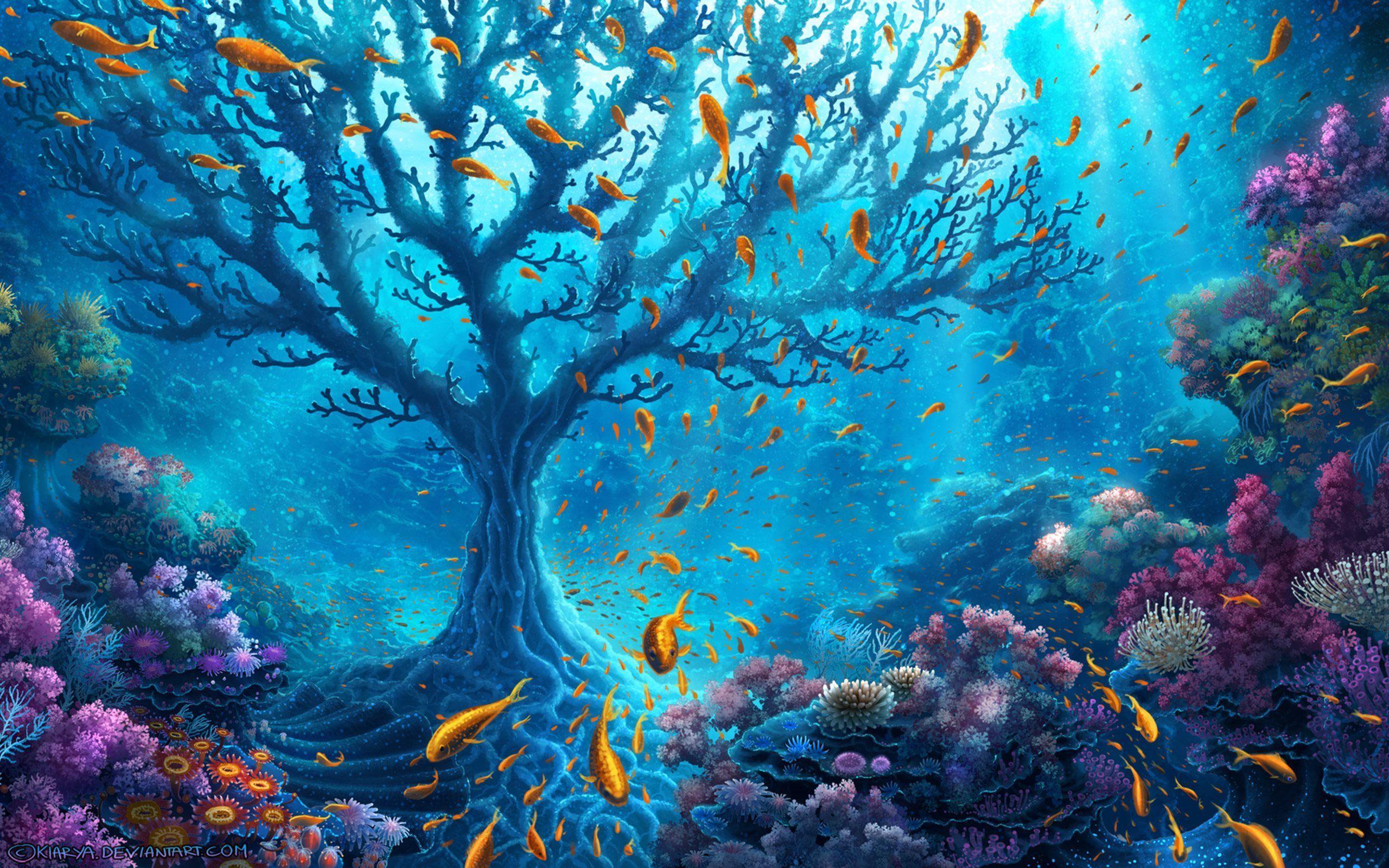 2560x1600 Download wallpaper underwater, coral reef, fish, tree