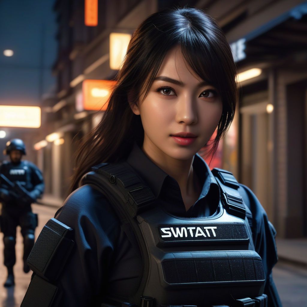 1024x1024 Realistic anime in full muscular body of swat policewoman sheriff
