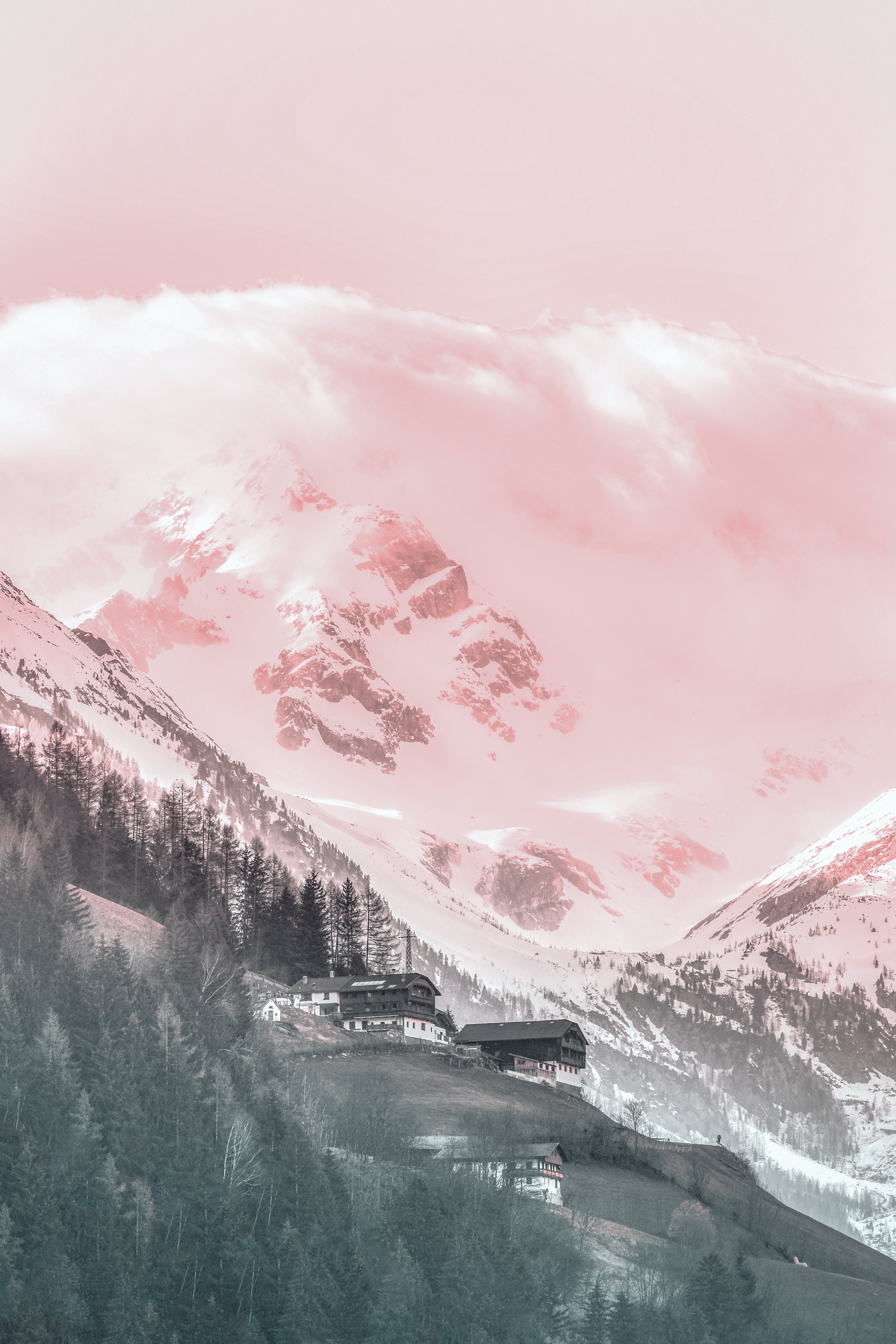 3648x5472 Houses on a mountain side. Aesthetic pink edit. Mobile wallpaper [3648x5472]