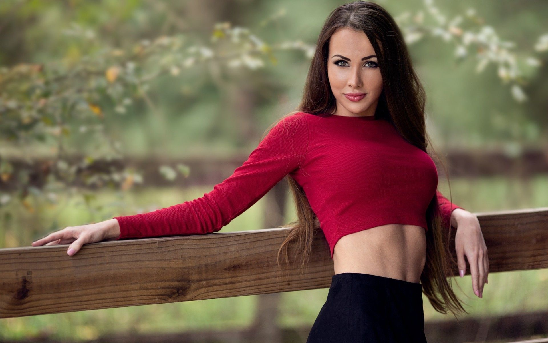 1920x1200 straight hair, wood, nature, Leah Serres, skirt, flat belly (1920x1200px) on
