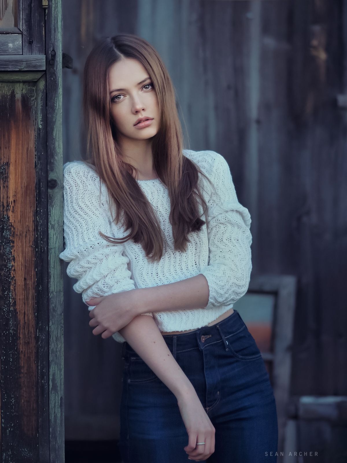 1200x1600 Women Brunette Long Hair Straight Hair Sweater Jeans Denim Wooden Surface Wallpaper:1200x1600