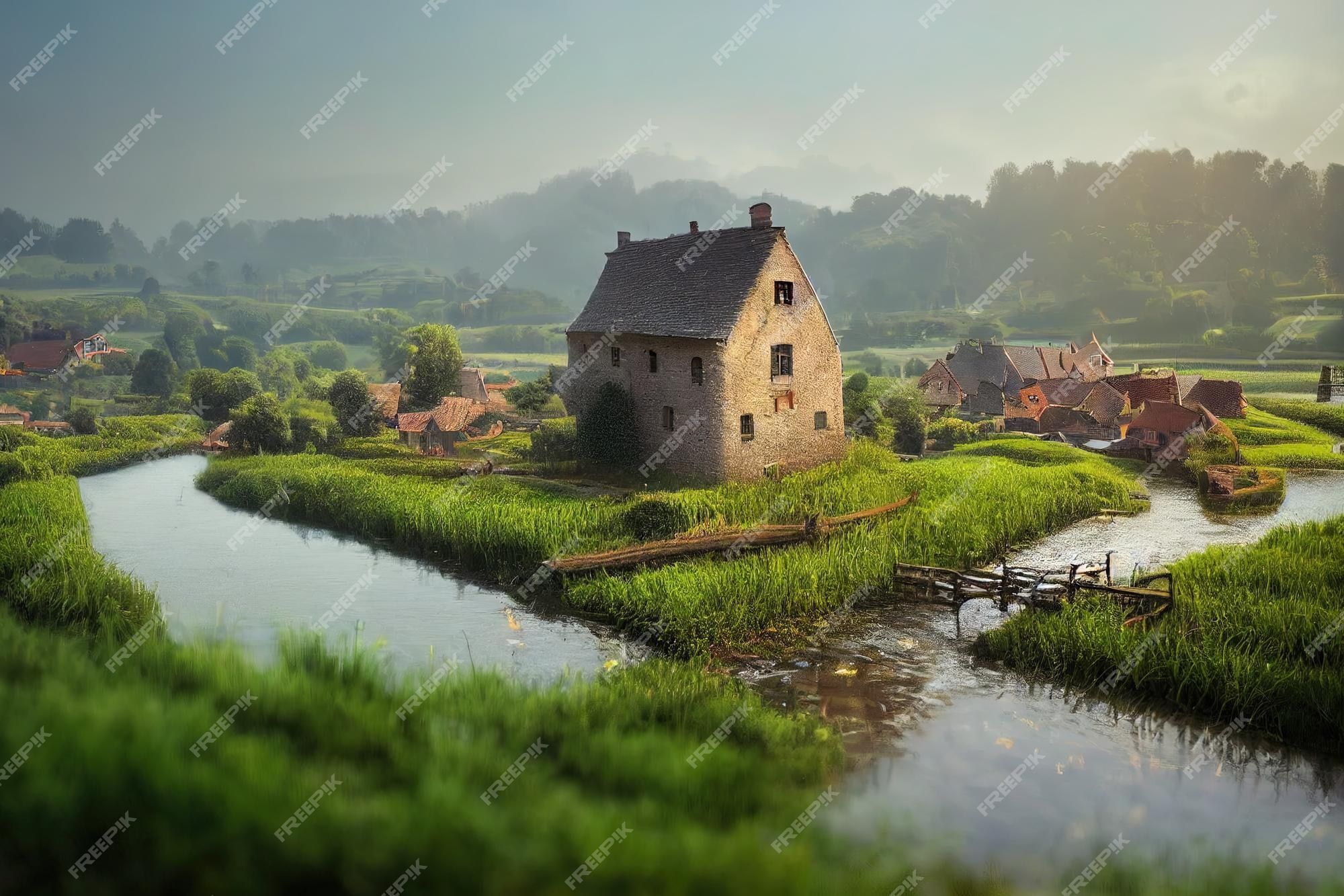 2000x1333 Premium Photo. Beautiful humble rural medieval european farming village with a dozen buildings with small stream in the middle of beautiful wheatfield scenery digital illustration