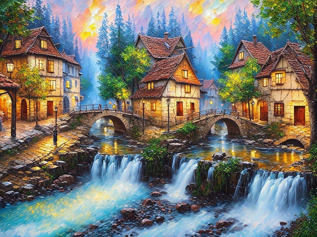 1024x768 A painting of a beautiful and magical landscape with a small european Village