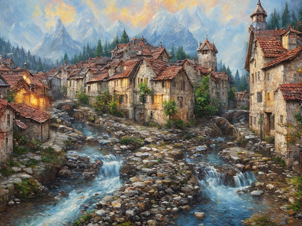 1024x768 Small old European village with a small bubbling Brook flowing through it RPG style impressionistic brushstrokes with soft impasto
