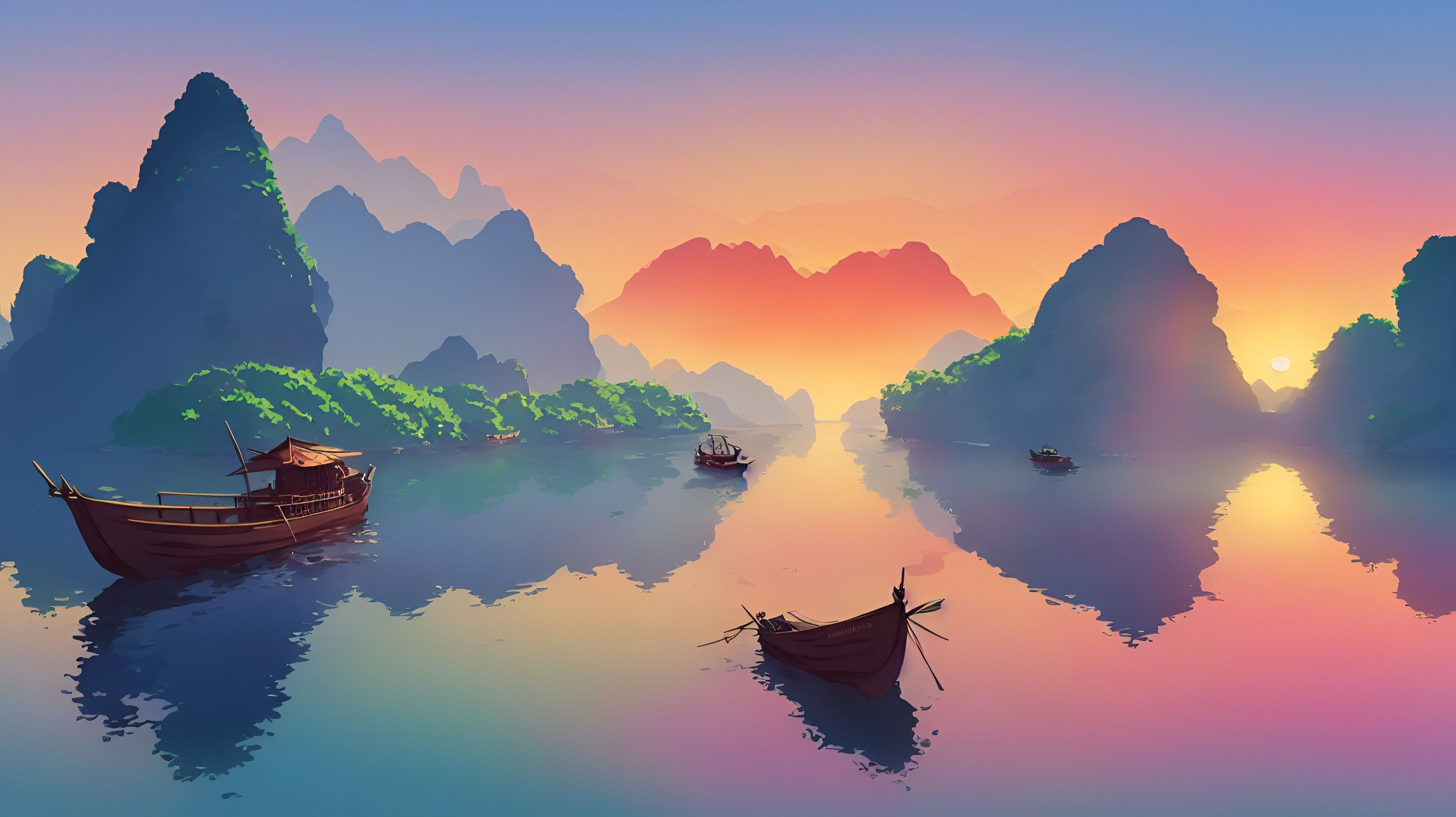 3392x1904 A boat in the river of Ninh Binh with sunset background view, pastel tetradic colours by