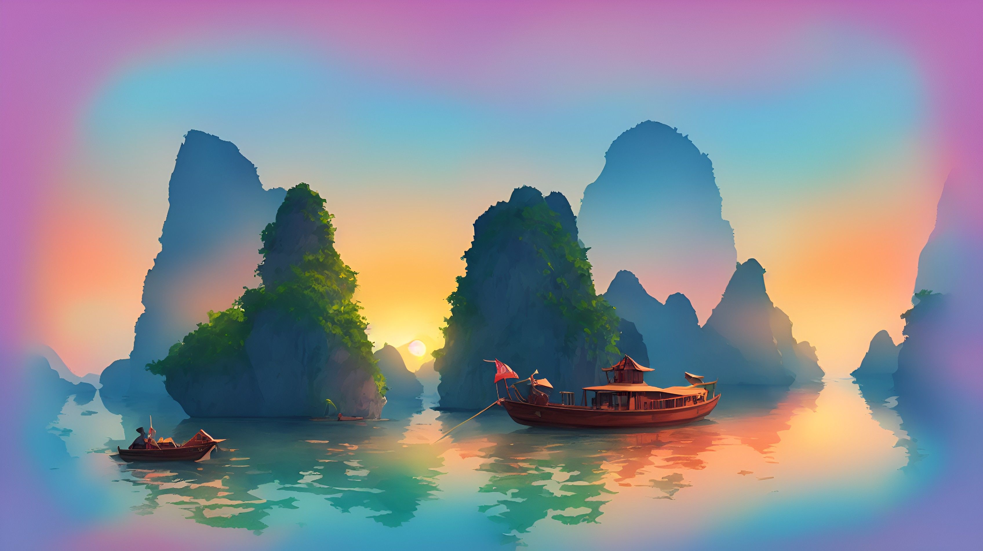 3392x1904 A boat in the river of Ninh Binh with sunset background view, pastel tetradic colours by