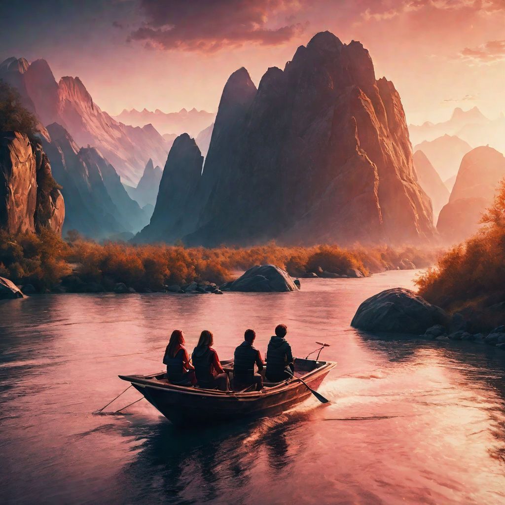 1024x1024 dramatic lighting. a boat in the river of Ninh Binh with sunset background back view