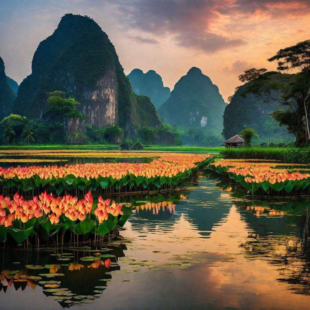 1024x1024 the river of Ninh Binh with sunset background back view