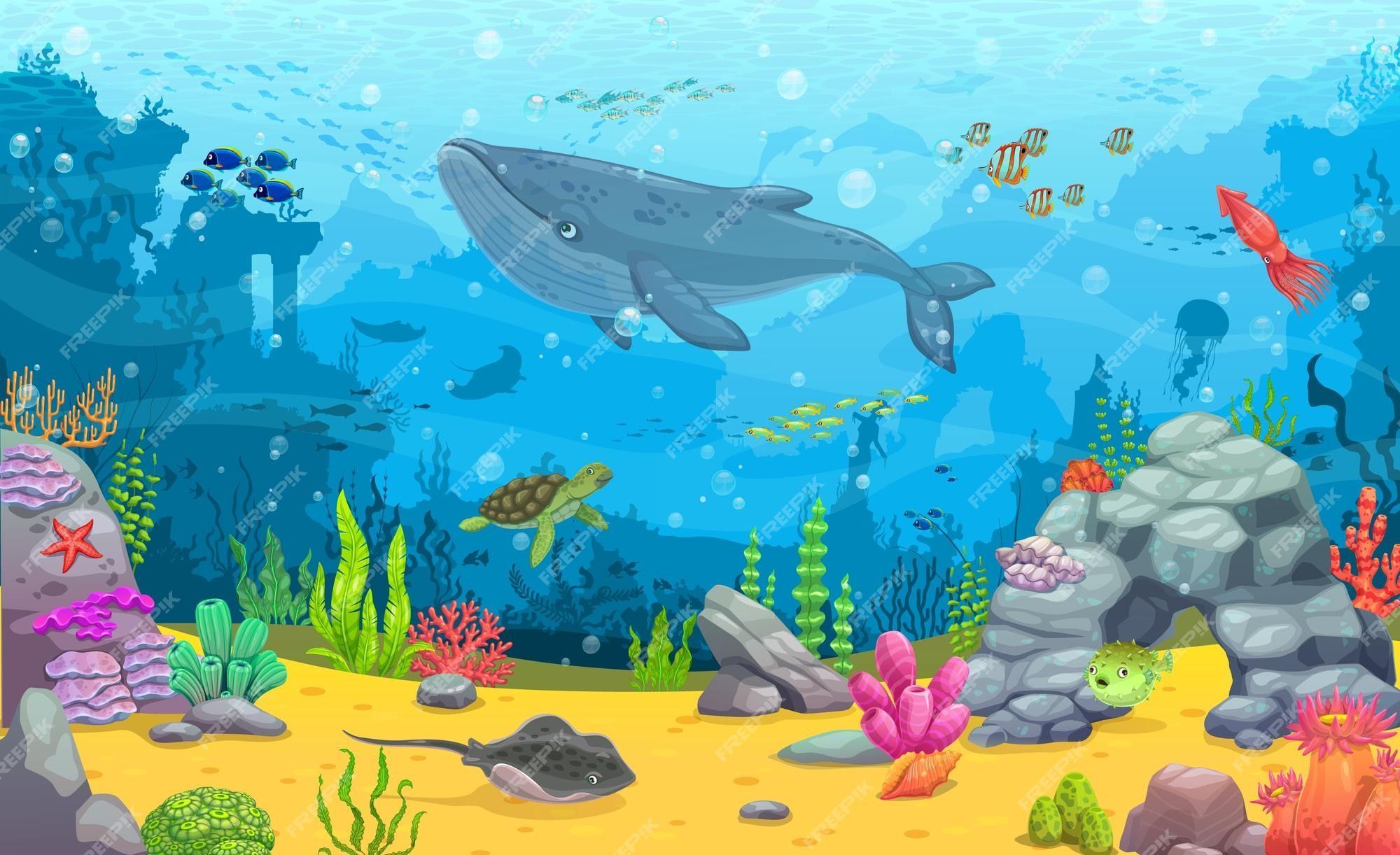2000x1222 Premium Vector. Cartoon underwater landscape blue whale fish shoals and sea animals between seaweeds vector background for game or wallpaper with turtle stingray puffer fish and squid at seafloor with ruins