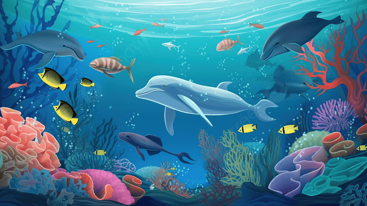 1200x673 Cartoon Under The Ocean With Dolphins Swim In A Coral Reef Background, Ocean Theme Picture, Ocean Powerpoint, Ocean Design Background Image And Wallpaper for Free Download