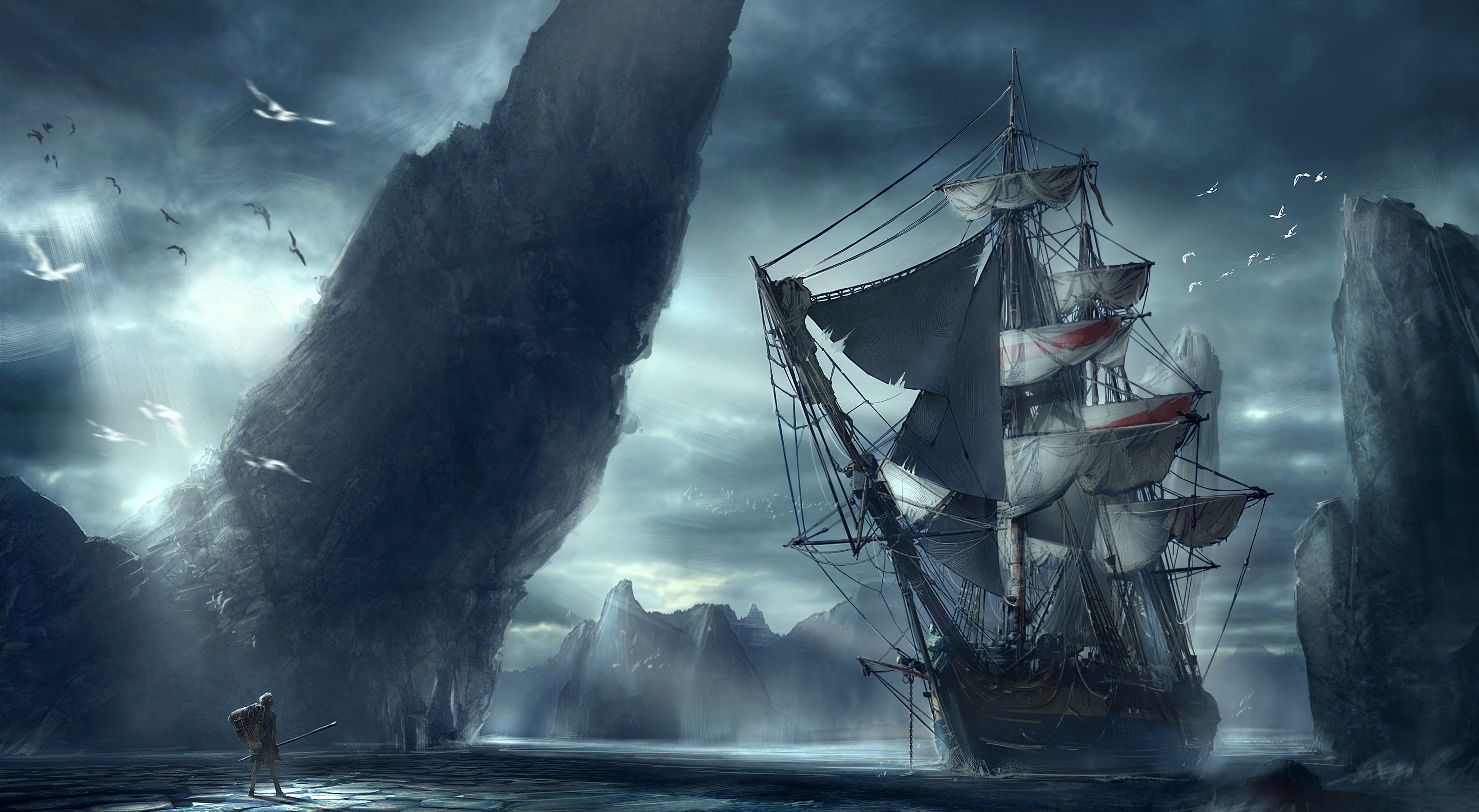 4879x2679 Black and white sailing ship painting, sailing ship, artwork