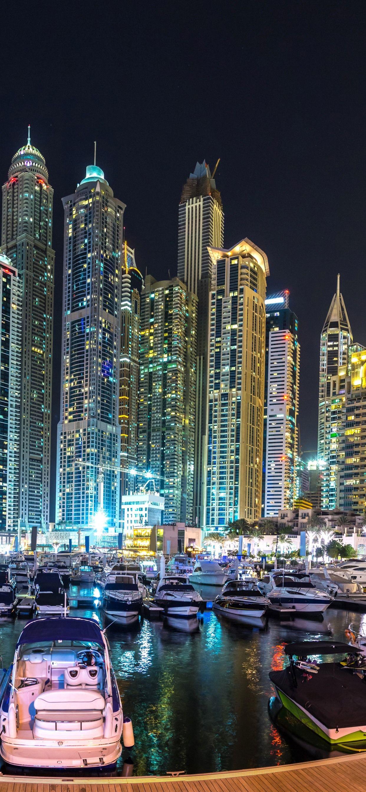 1242x2688 Dubai, skyscrapers, city night, boats, dock 1242x2688 iPhone
