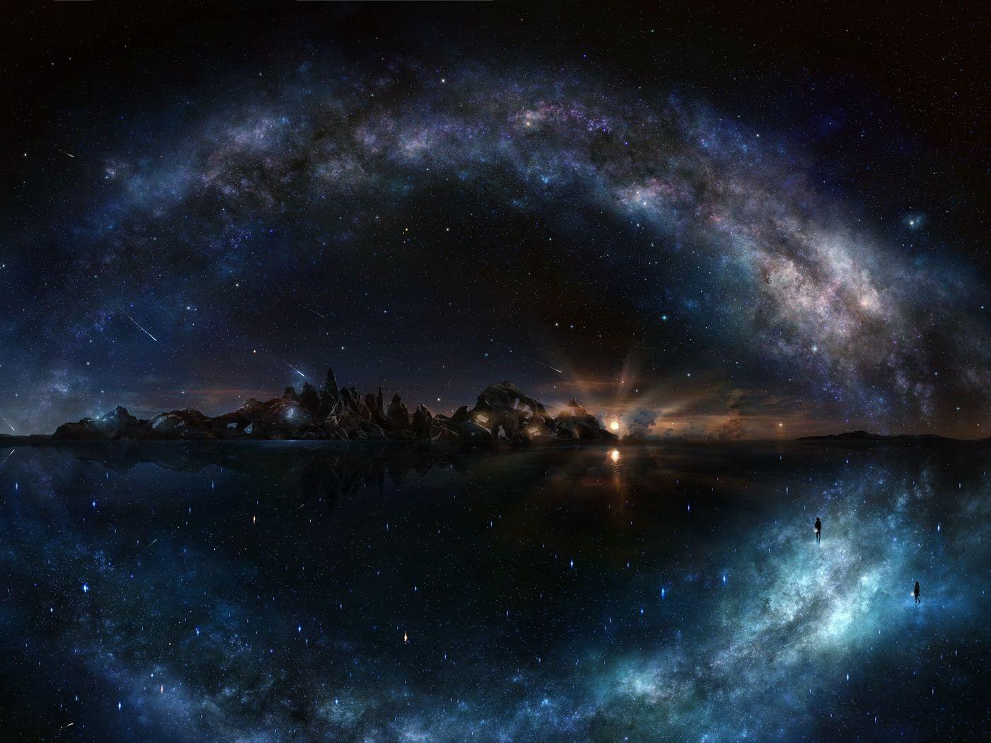 1400x1050 Download wallpaper 1400x1050 night, starry sky, shine, water
