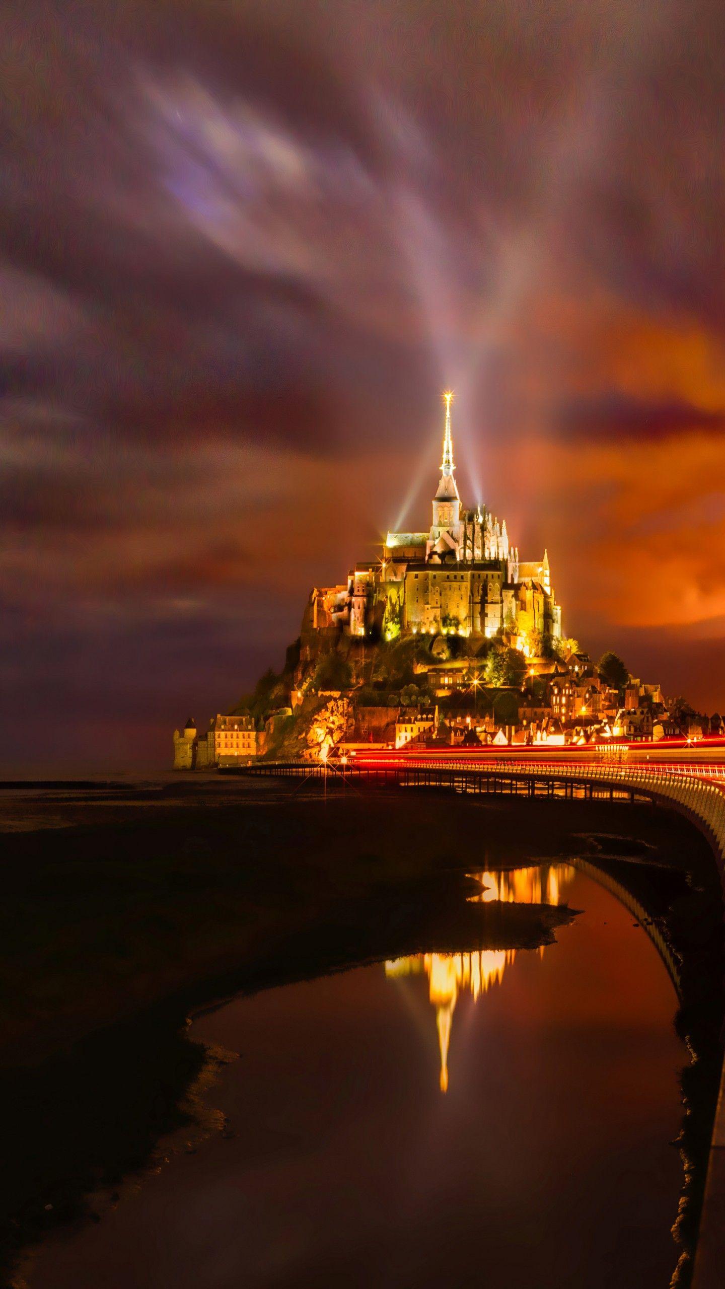 1440x2560 Wallpaper Mont Saint Michel, Island, Normandy, France, Night