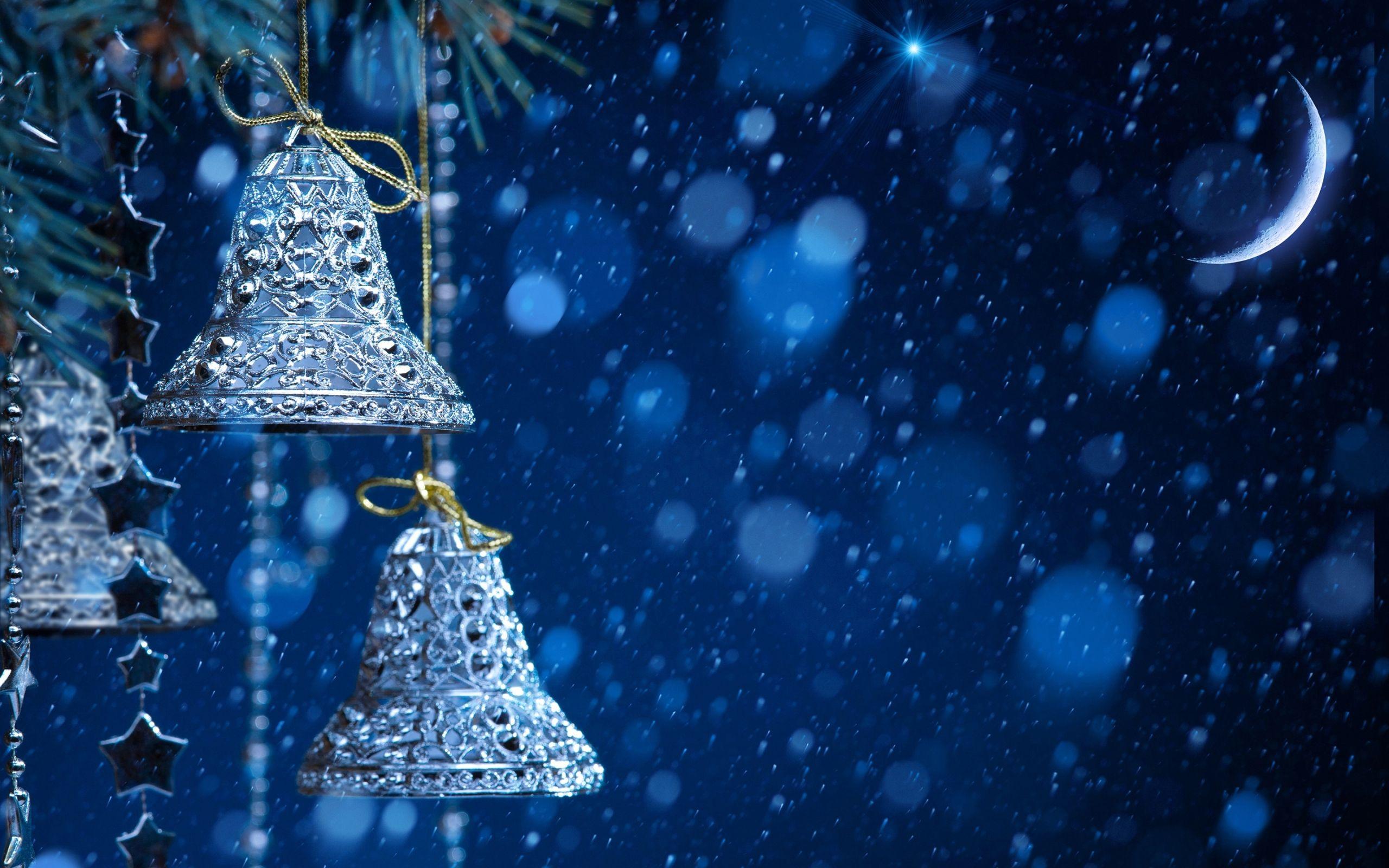 2560x1600 Winter Night, Christmas Bells, Snow, Moon widescreen