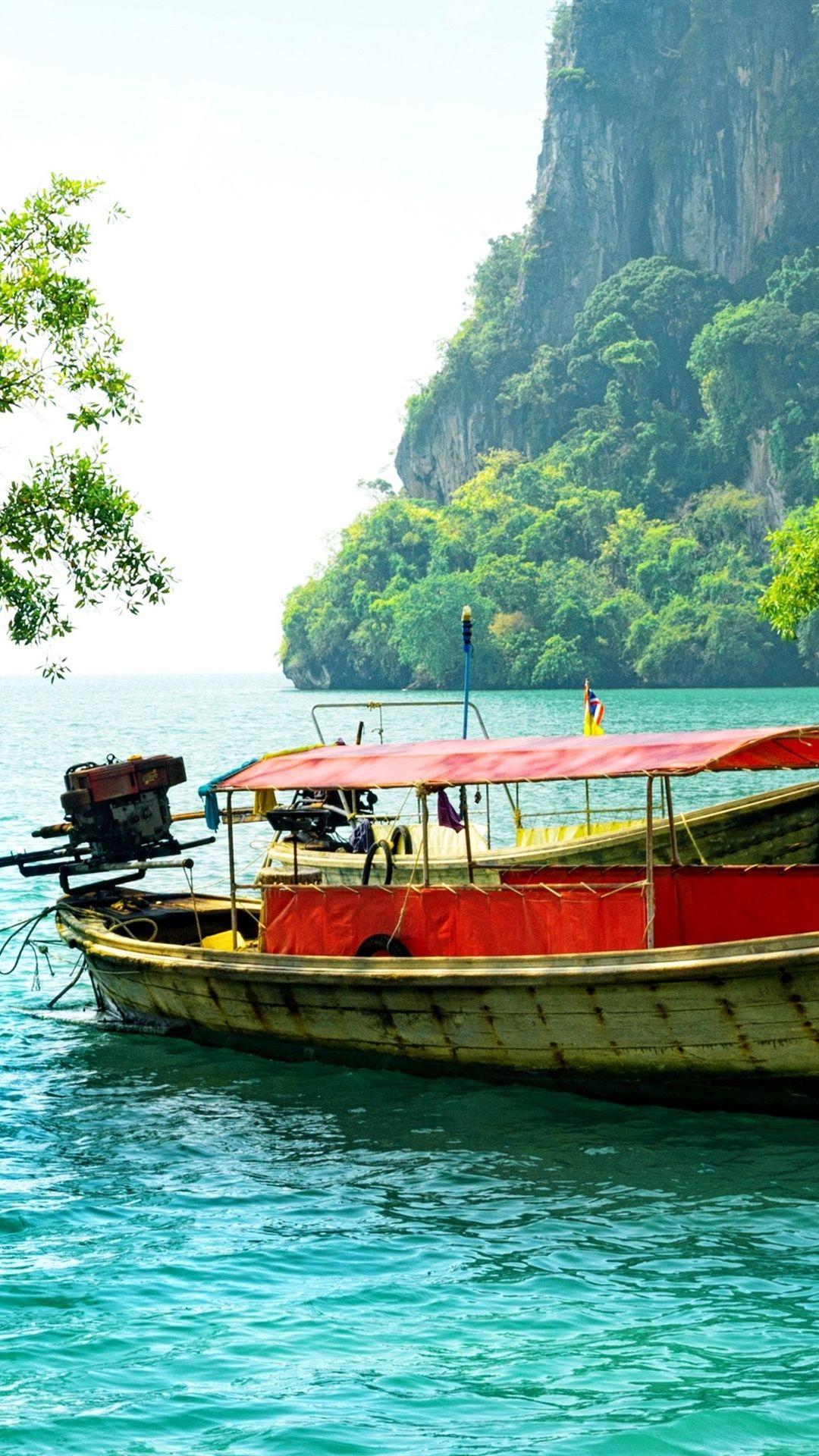 1080x1920 Thailand, Fishing Boat, Trees, Sea, Mountain 1080x1920 IPhone 8 7 6 6S Plus Wallpaper, Background, Picture, Image