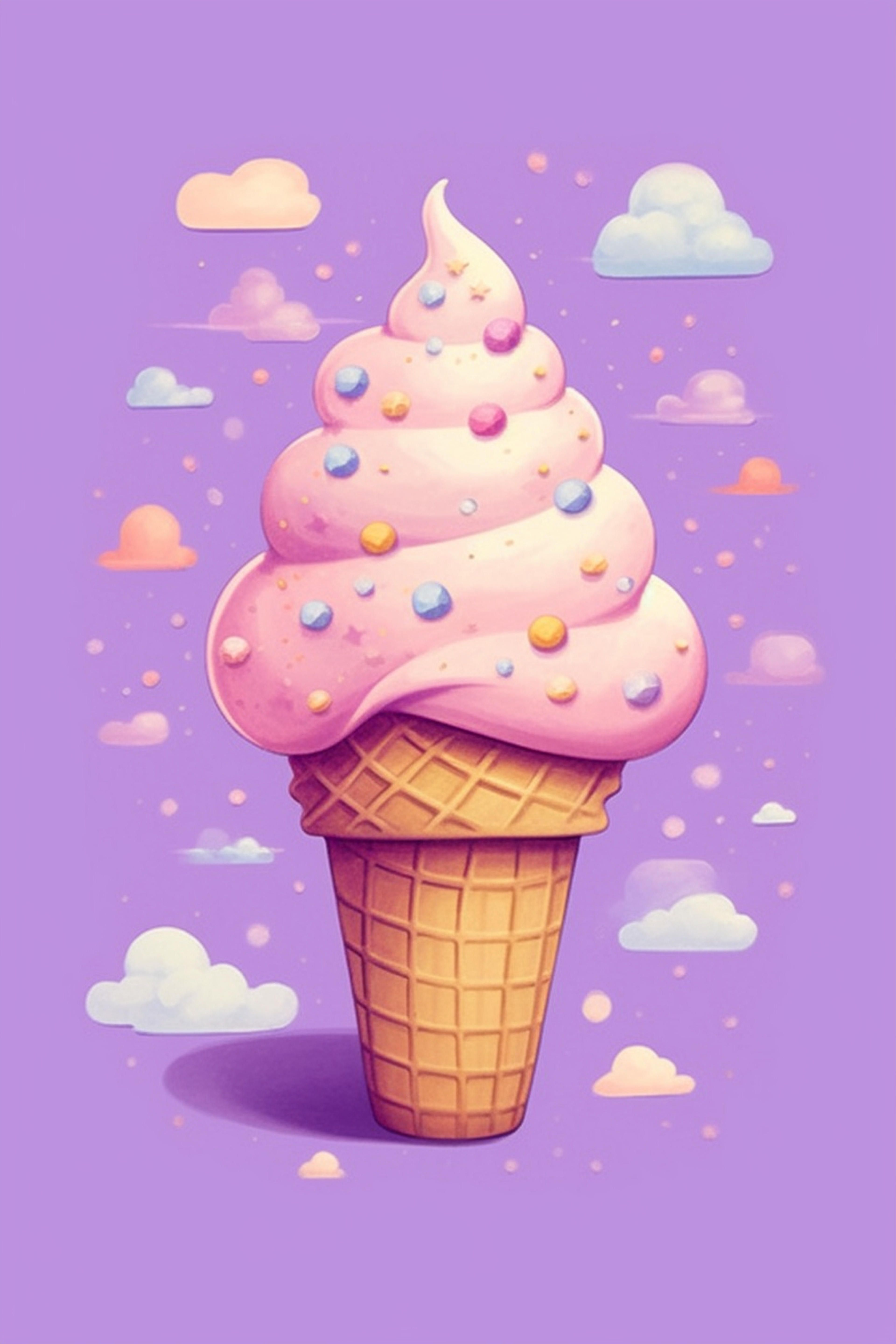 3840x5760 Cartoon Style Ice Cream Cone With Bubbles In Pastel Softness. Free AI Art Prompts