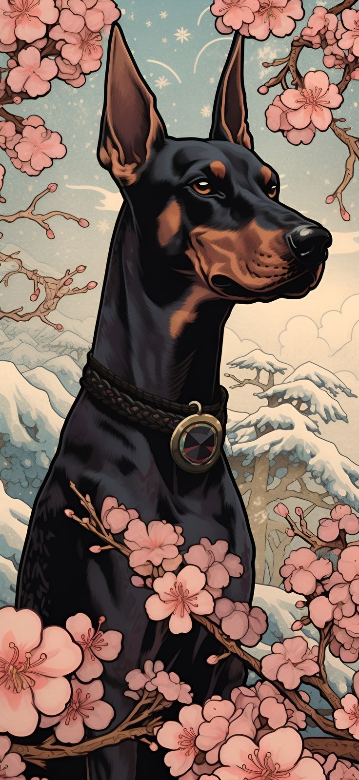 736x1600 Doberman Pinscher In Ukiyo E Style In The Snowy Mountains Wallpaper IPhone. Doberman, Dog Art, Unusual Animals