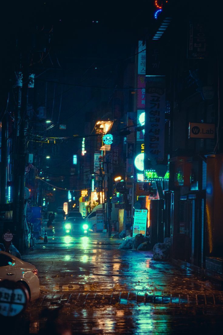735x1102 Cyberpunk night rain street photography in Hongdae Area, Seoul, South Korea. Rain street, Street photography, Street background
