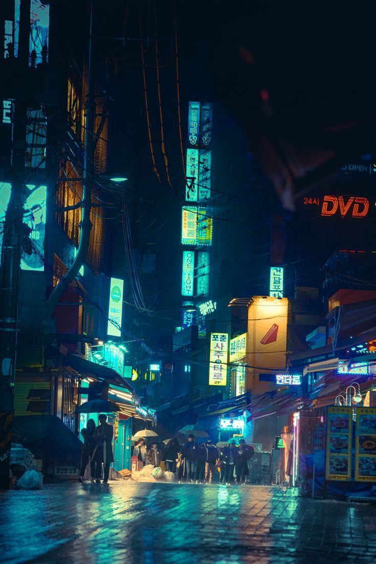 735x1102 Cyberpunk night rain street photography in Hongdae Area, Seoul, South Korea. Rain street, Street photography, London street photography