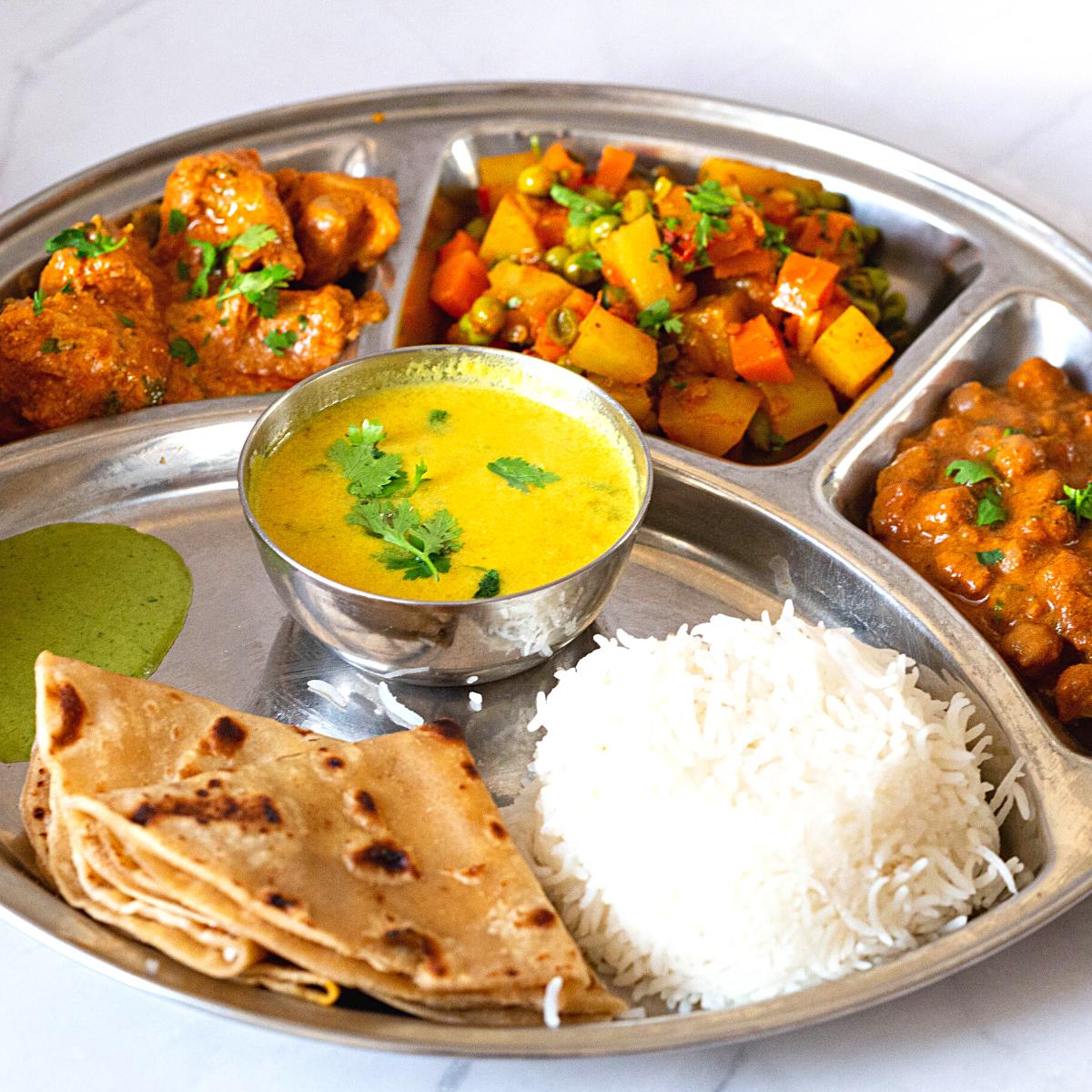 1200x1200 Indian Chicken Thali masala, mixed veggies, dal, Indian Recipes