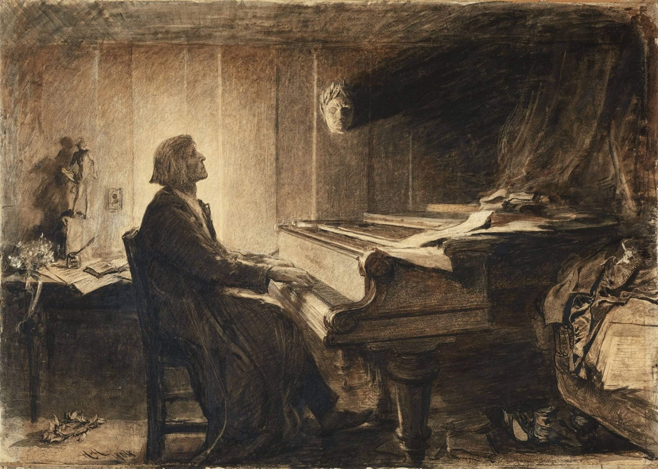 2560x1826 Franz Liszt at the Piano, black chalk and ink on paper by Sir Hubert von Herkomer (circa 1904)