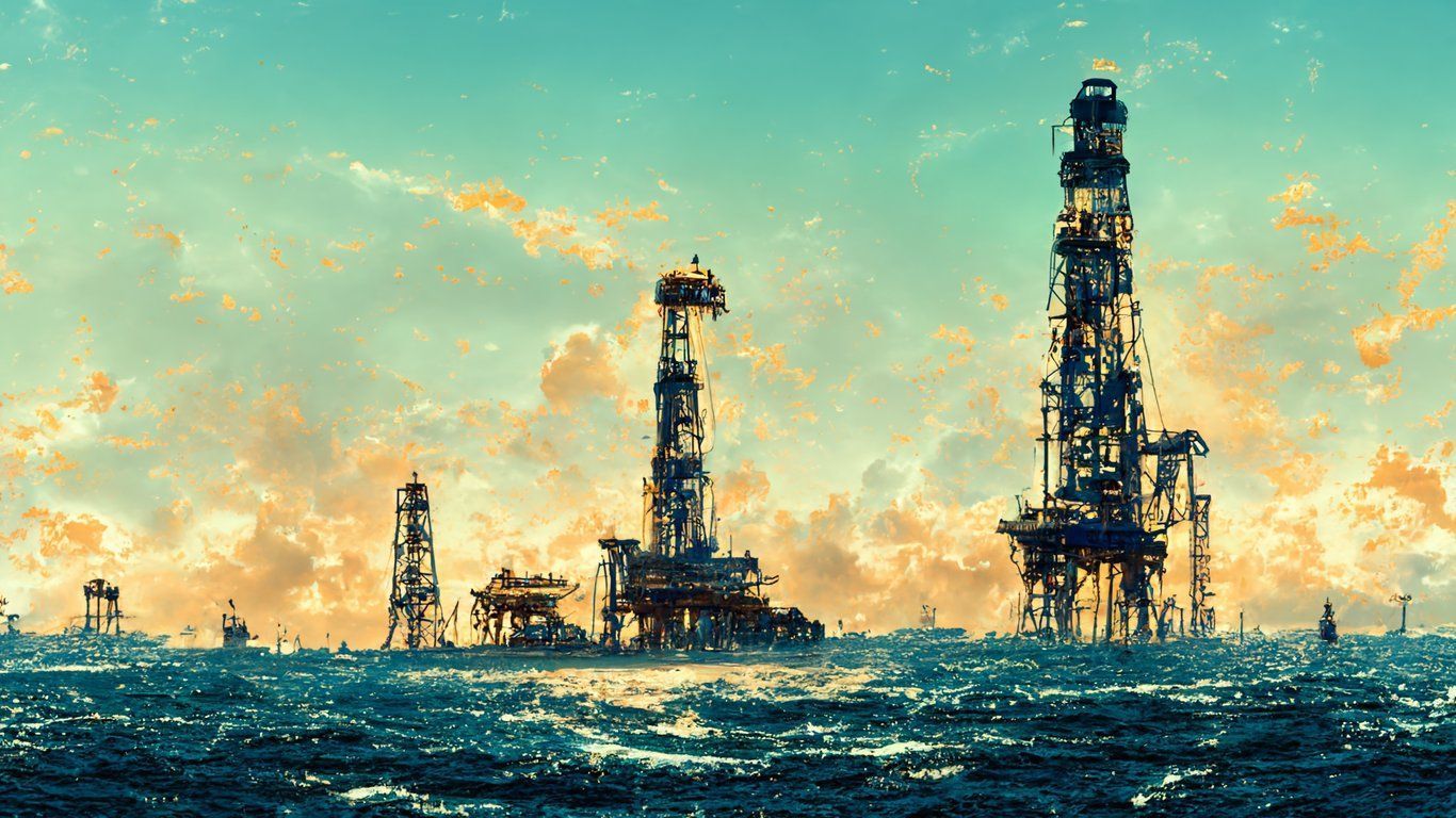 1366x768 prompthunt: oil field, offshore, ocean, oil derrik, oil rig, placid blue water, majestic, panoramic view, high resolution, 8k, hd