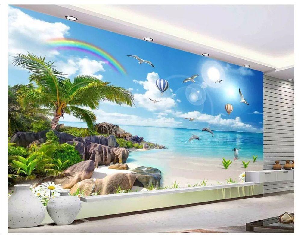 1000x800 US $8.85 41% OFF. beibehang Ultra HD Fashion Wallpaper Sea View Beach Coconut Tree Landscape Painting TV Background Wall Papers Home Decor Behang In