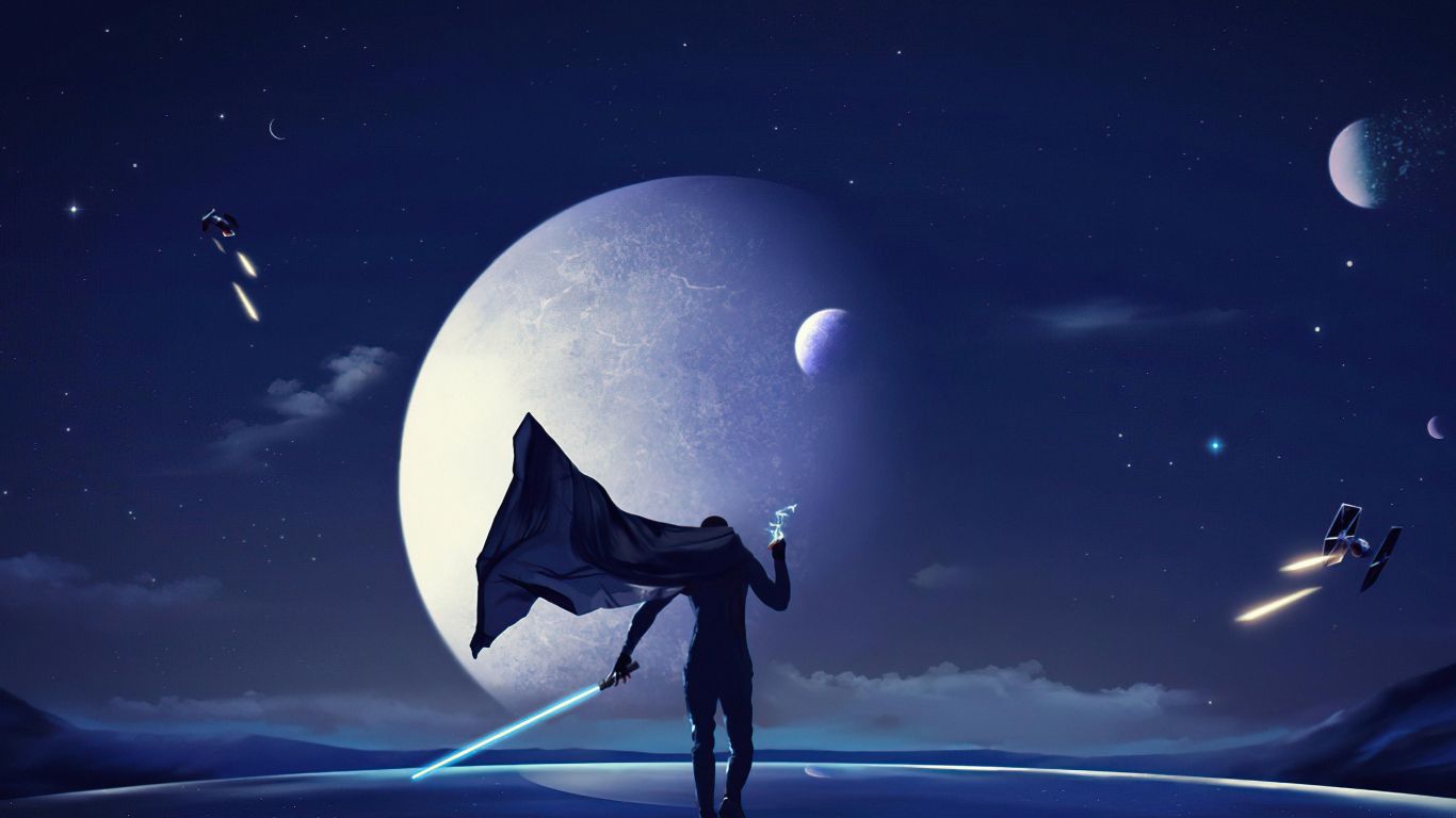1366x768 Man and planets explorer fantasy wallpaper background
