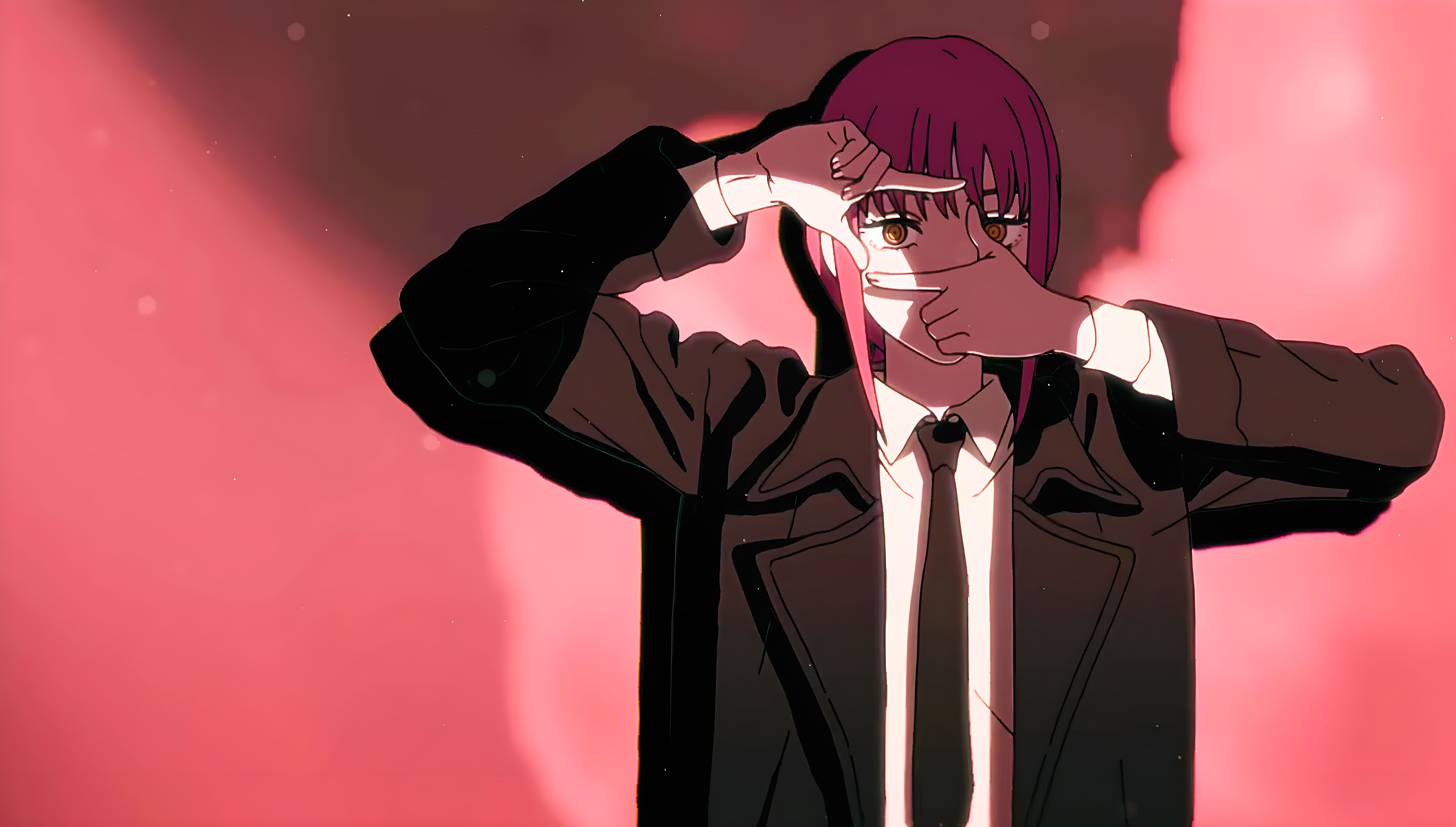 7680x4360 TatsukiFujimoto, redhead, Chainsaw Man, 4K, anime, anime girls, Makima (Chainsaw Man), MAPPA, yellow eyes, simple background, picture framesx4360 Wallpaper